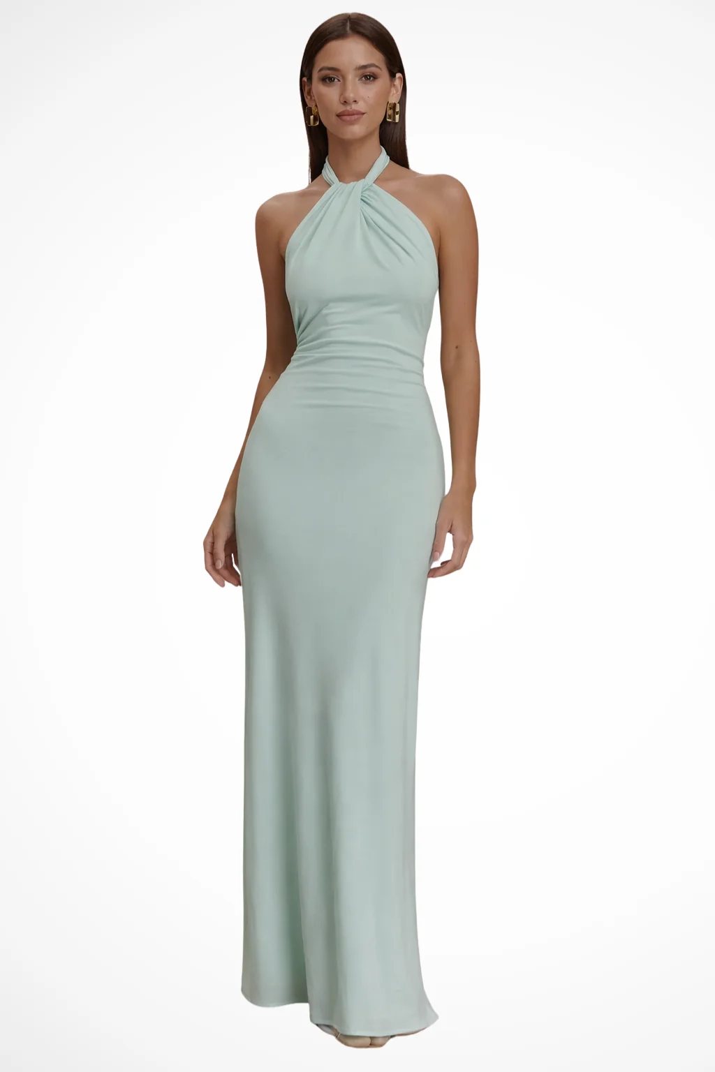 Damen Halterneck-Maxikleid mit Knotendetail und offenem R��cken �C Figurbetontes Hochzeitsgast-Kleid