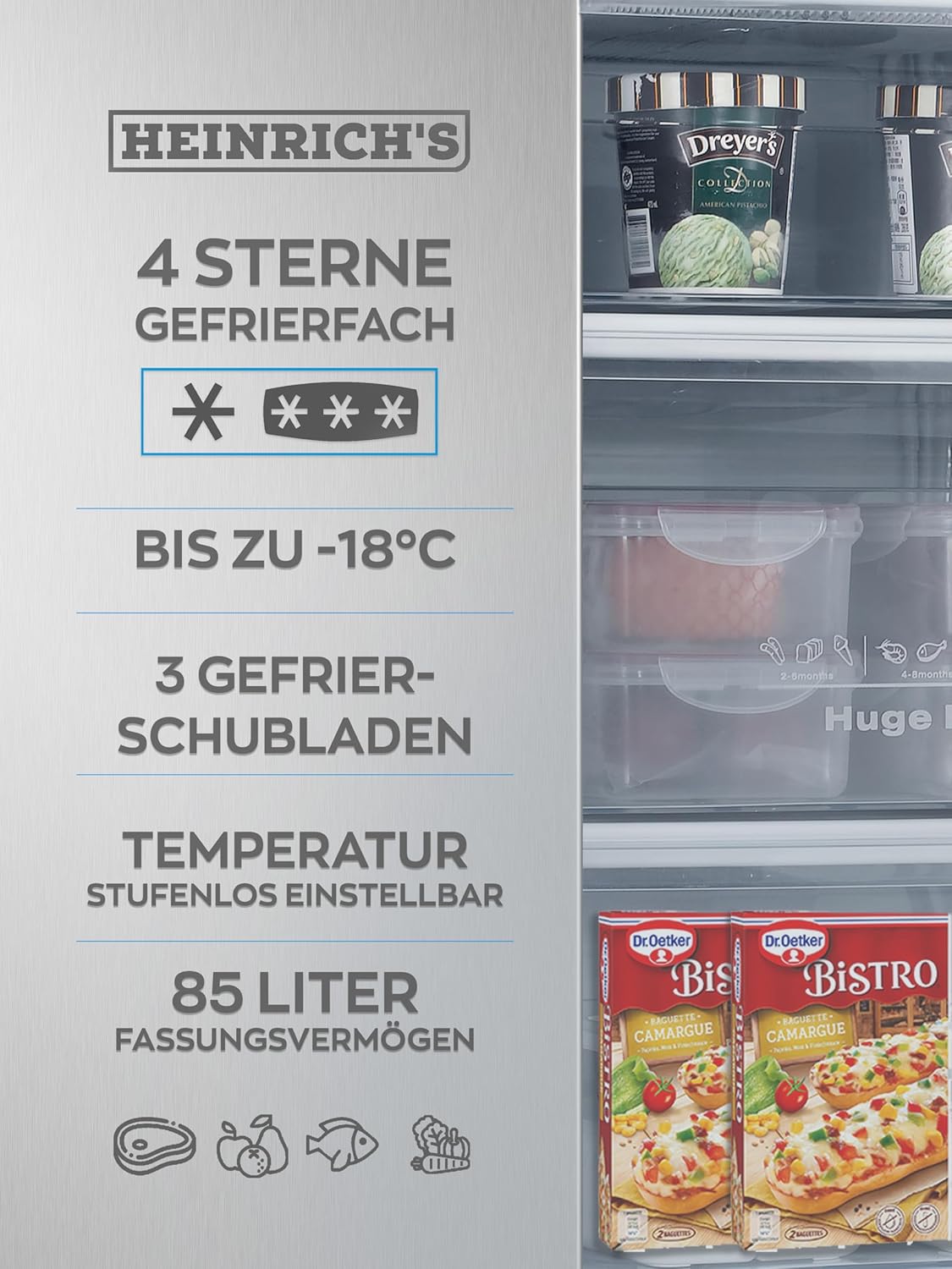 Heinrich´s Gefrierschrank 61Liter -18°C Freezer, 3x Gefrierschublade, 7 Stufen Temperaturregler, Airflow, wechselbarer Türanschlag weiß