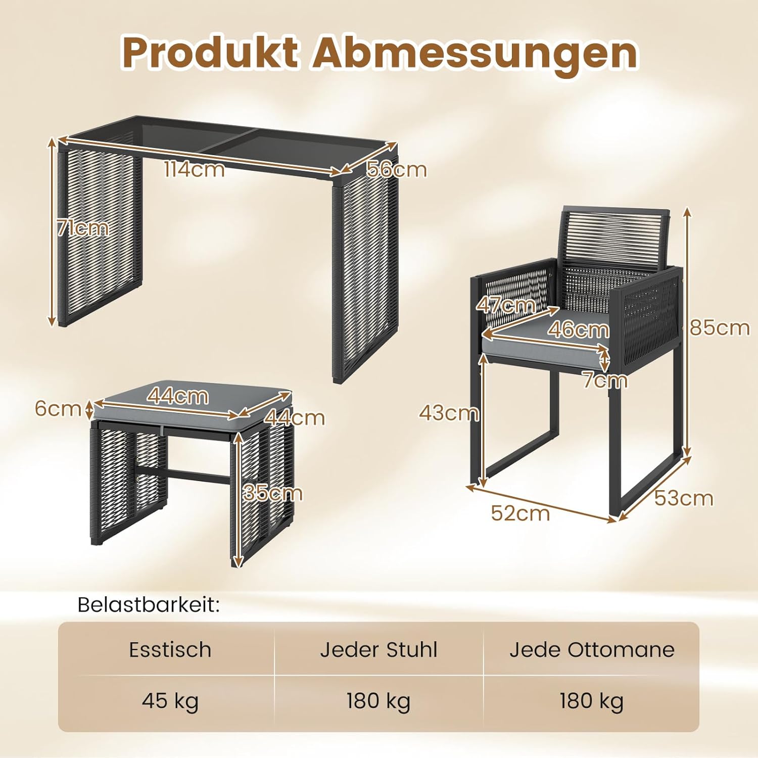 COSTWAY 5tlg. Rattan Gartenmöbel Set, Balkonmöbel, Balkonset inkl. 2 Stühle mit Kissen, Hocker & Tisch, Terrassenmöbel, platzsparendes Gartenset mit klappbarer Rückenlehne, Sitzgruppe für Garten