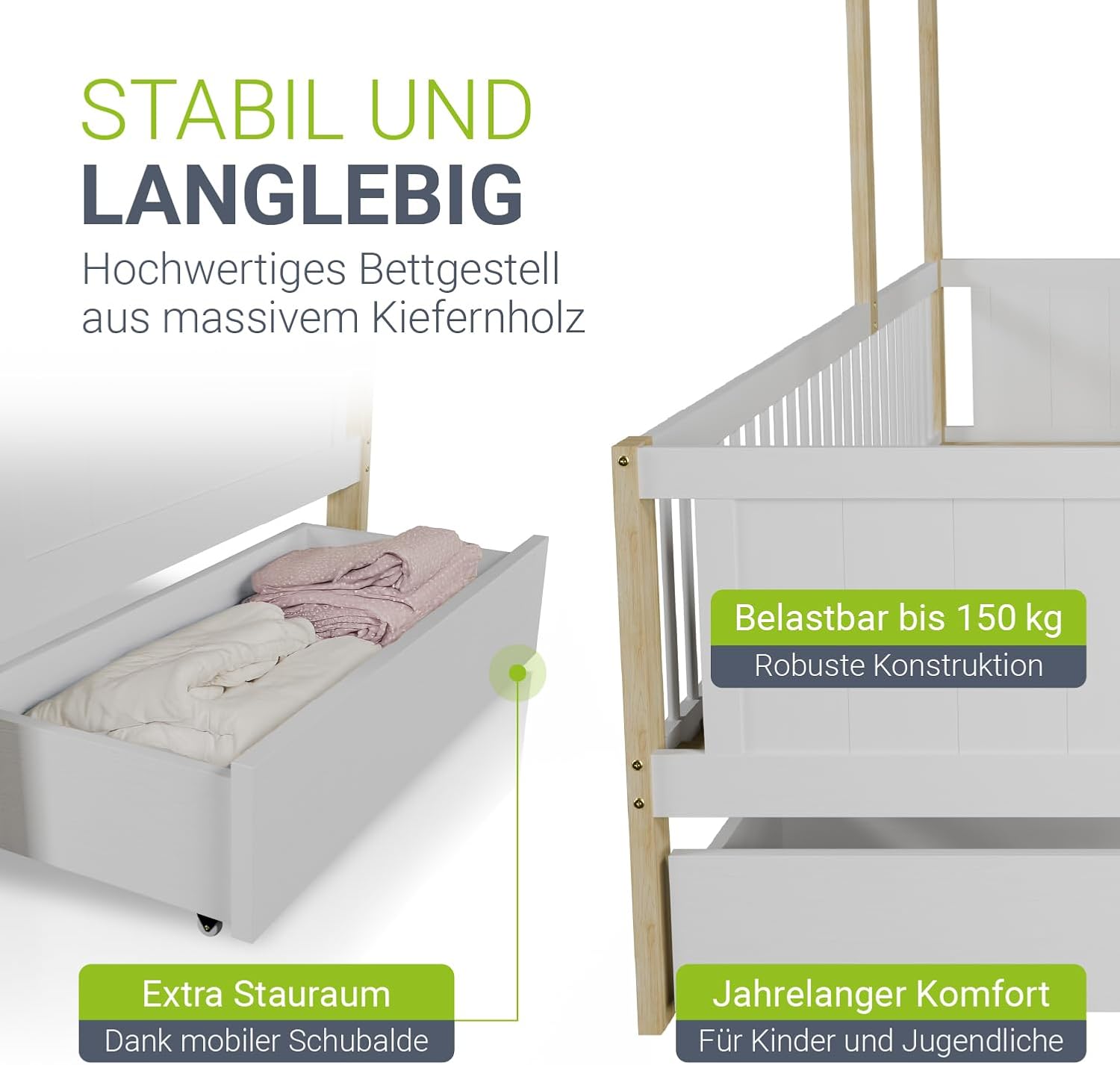 Juskys Kinderbett Yari 90x200 cm - Einzelbett mit Schreibtisch & Schublade, Kiefernholz & Langlebige Materialien, Verspieltes Haus-Design - Weiß/Natur