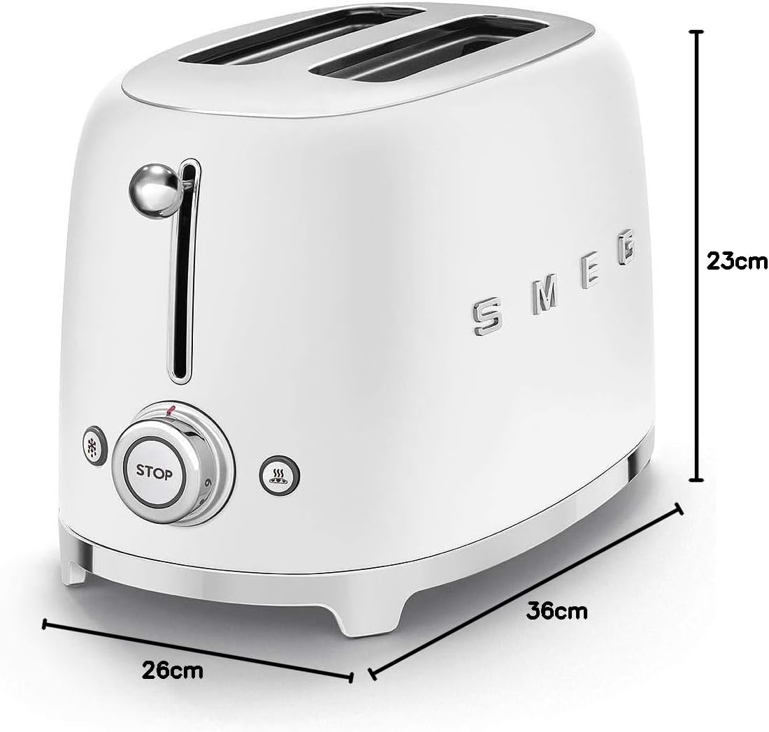 Smeg, 2x2 TSF01CREU -Toaster, 2 Schlitze für 2 Scheiben, 6 Vergoldungsniveaus, Heizfunktion, Abtau- und Bagel- Funktion, Sammelschublade, 950W, Creme