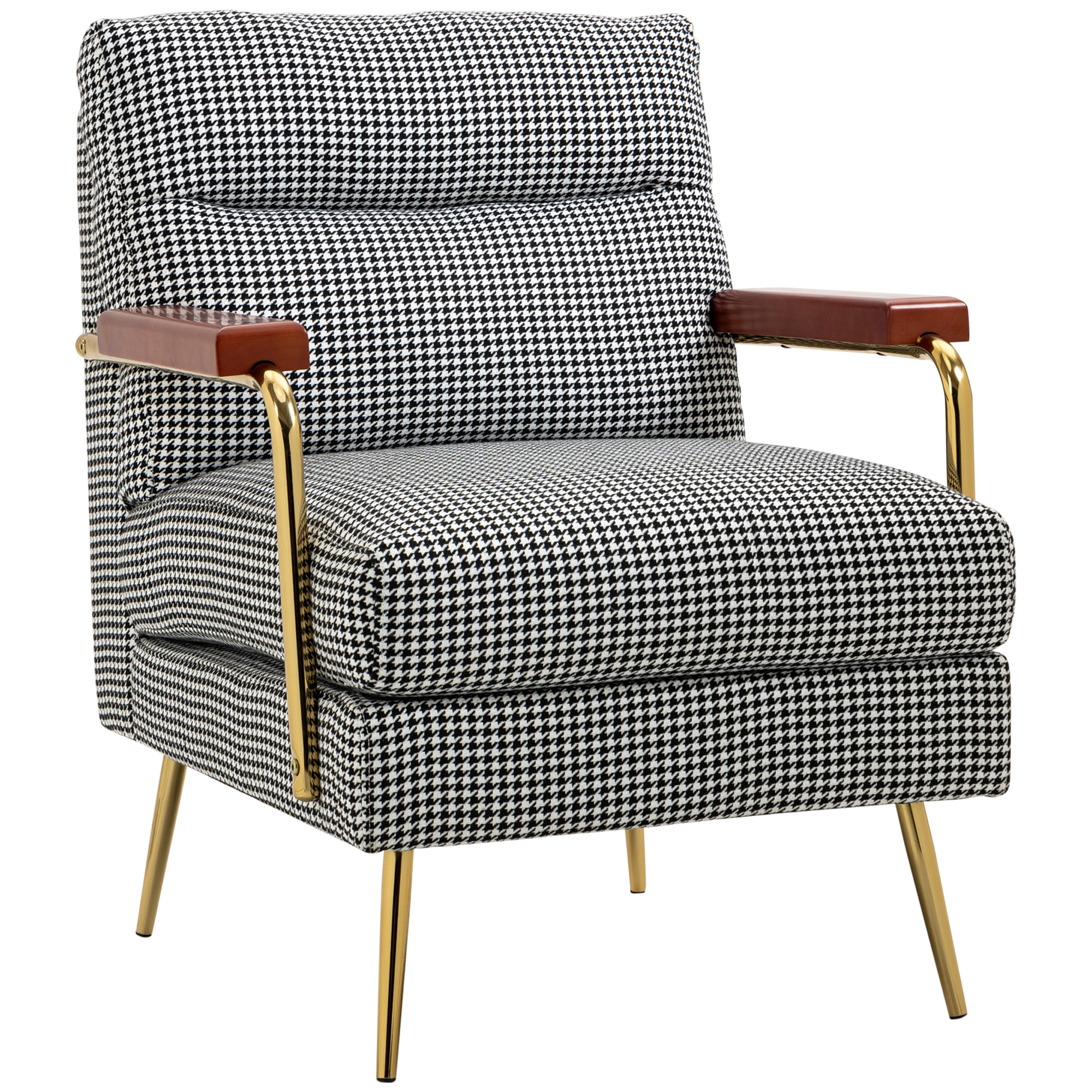 Fauteuil in retrodesign, accentstoel, pied-de-poulepatroon, houten elementen, binnenvering, zwart+wit