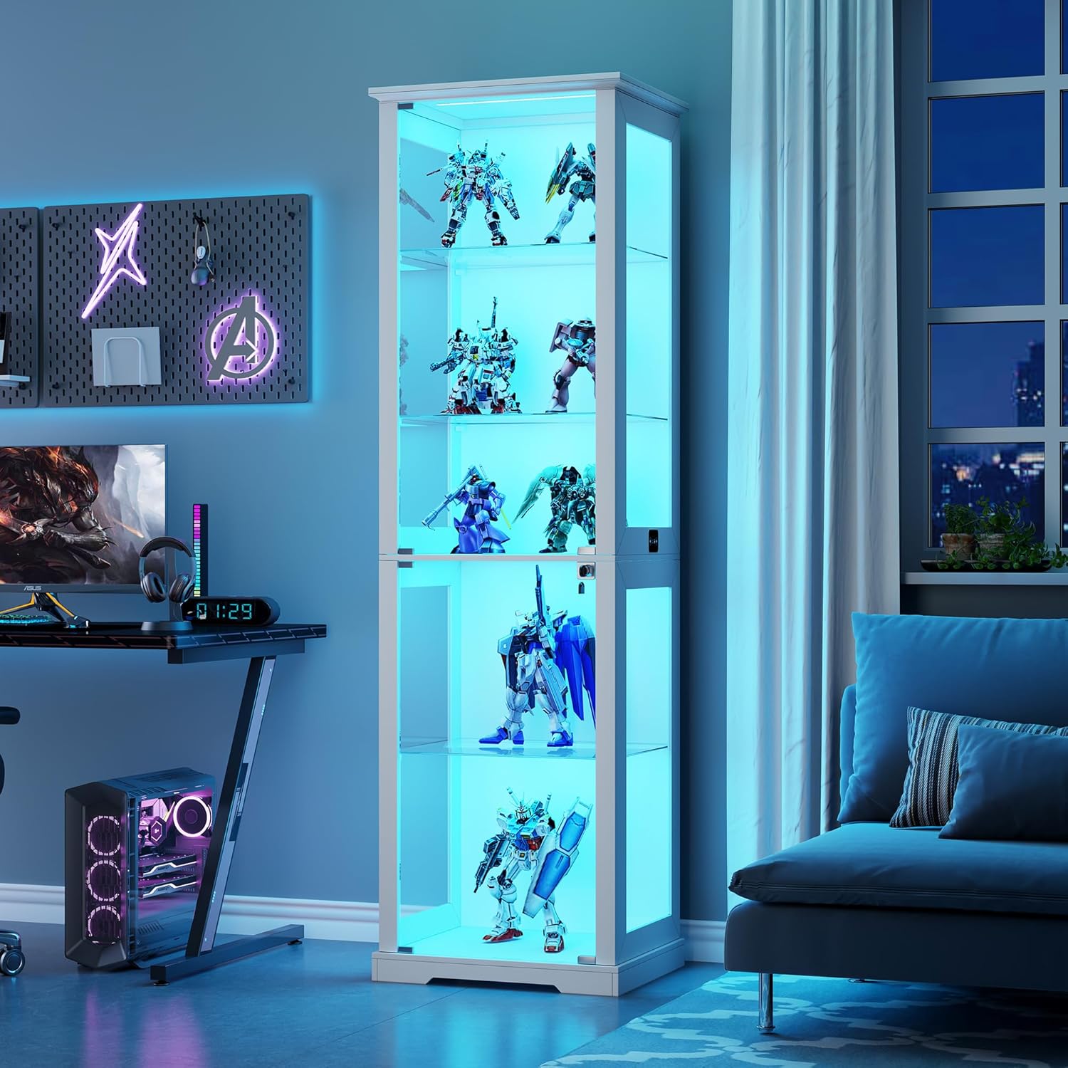 Lvifur Glasvitrine mit LED Beleuchtung und Glastüren für Wohnzimmer Schlafzimmer,40×50×180cm 5-Lagen Vitrinenschrank Vitrine mit Intelligente Sensorik für Sammlerstücke,Wein,Weiß