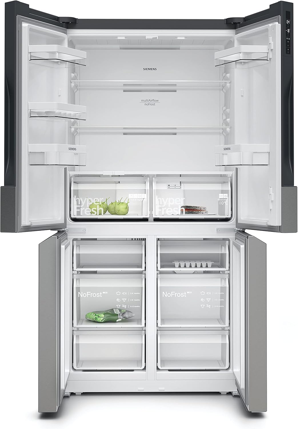 Siemens KF96NVPEA iQ300 Multi-Door-Kühlschrank, 183 x 91 cm, 405 L Kühlen & 200 L Gefrieren, hyperFresh längere Frische, noFrost nie wieder abtauen, superCooling schnellere Kühlung