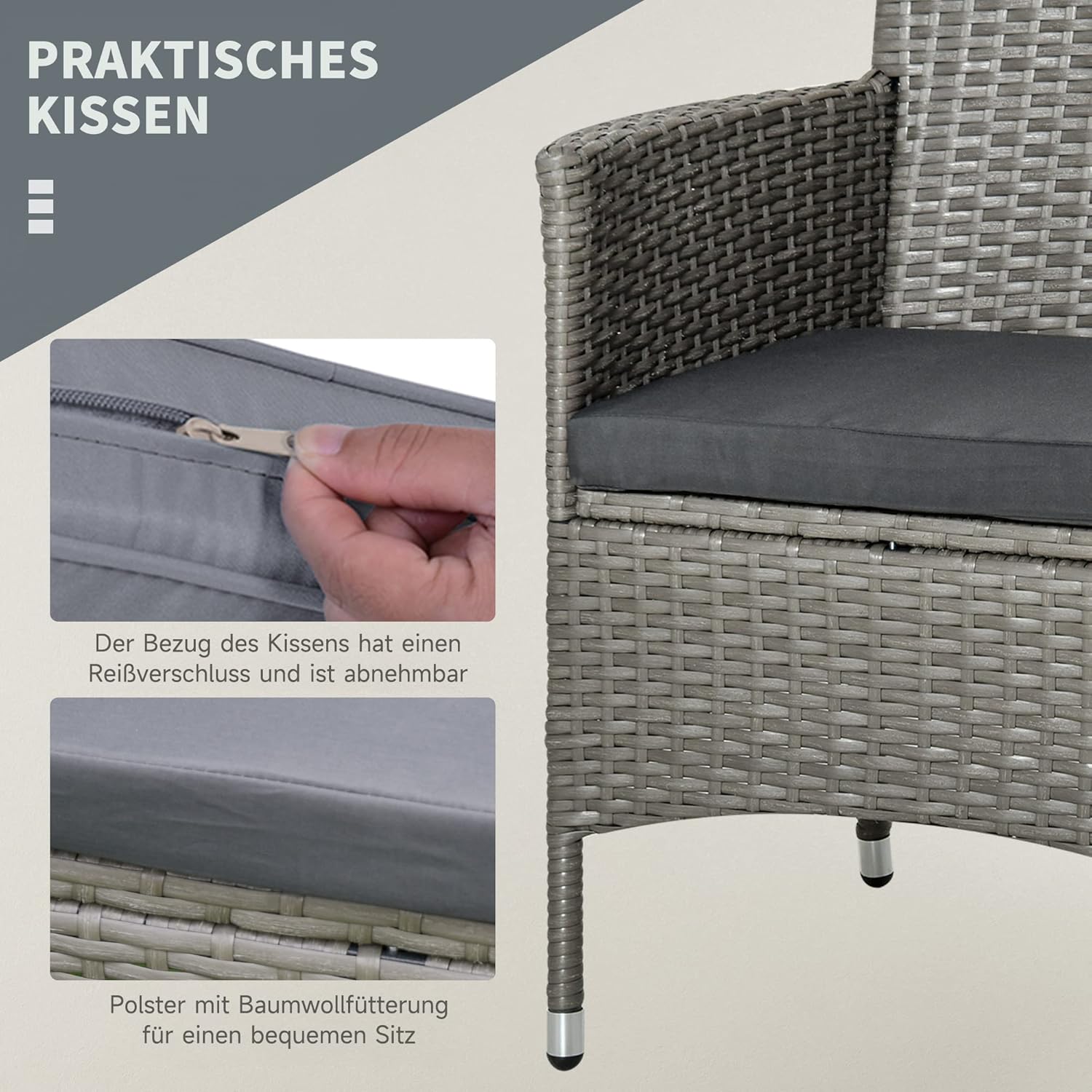 Outsunny Polyrattan Gartenmöbel Set, Outdoor Lounge Balkonmöbel für 2 Personen, 3-teilig Sitzgruppe, 2 Stühle, Tisch Sitzkissen, Gartenlounge für Garten, Terrasse, Balkon, Grau