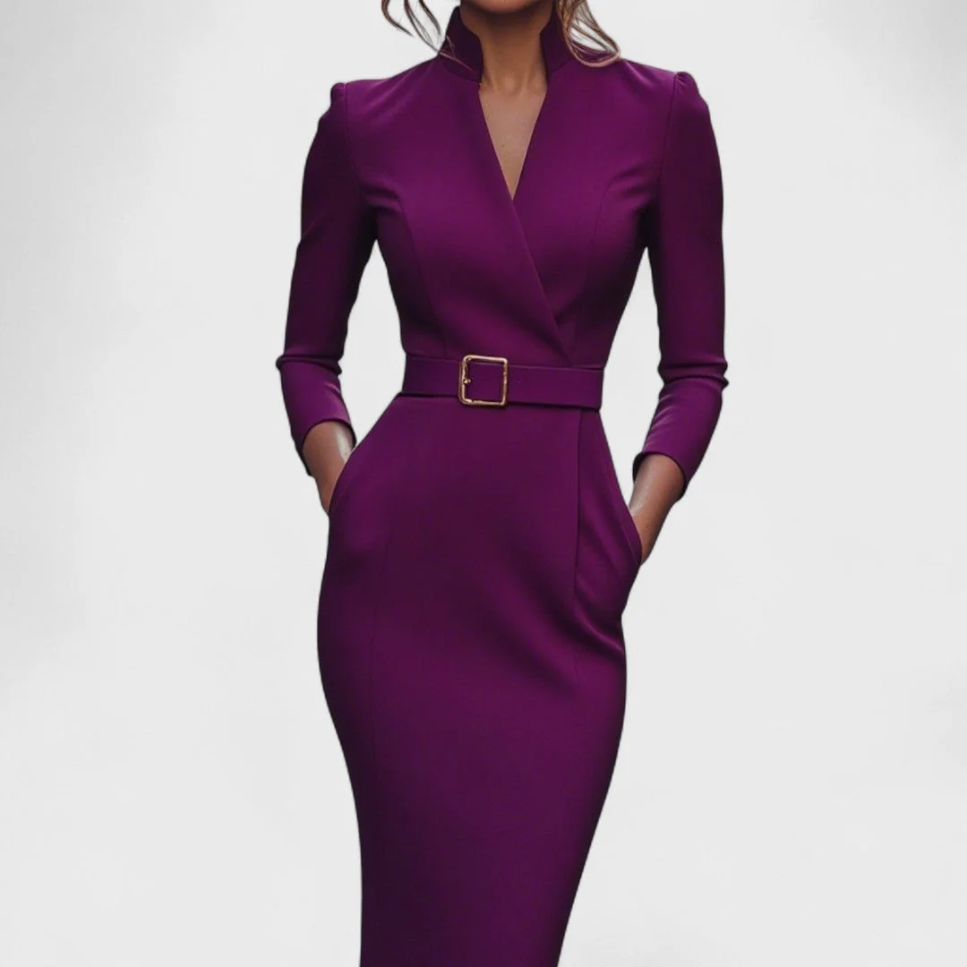 Elegantes Damenkleid mit G��rtel und Stehkragen