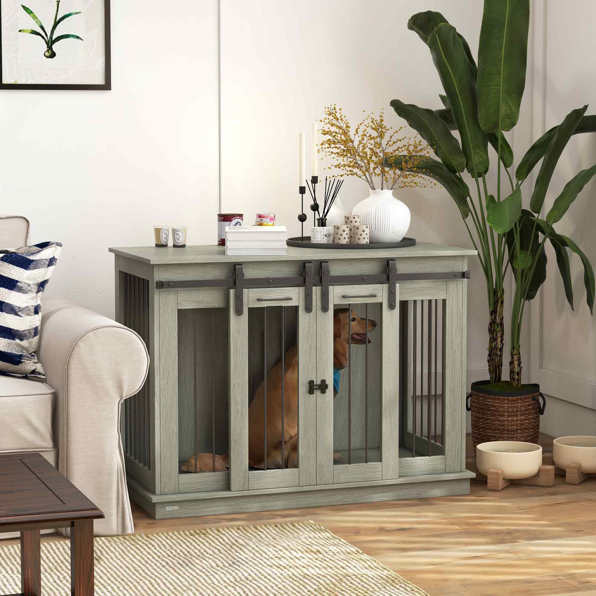 PawHut Hondenkooi met 2 Deuren, Hondenbox, Transportbox voor Honden, Landelijk Design, Vergrendelbaar, Grijs