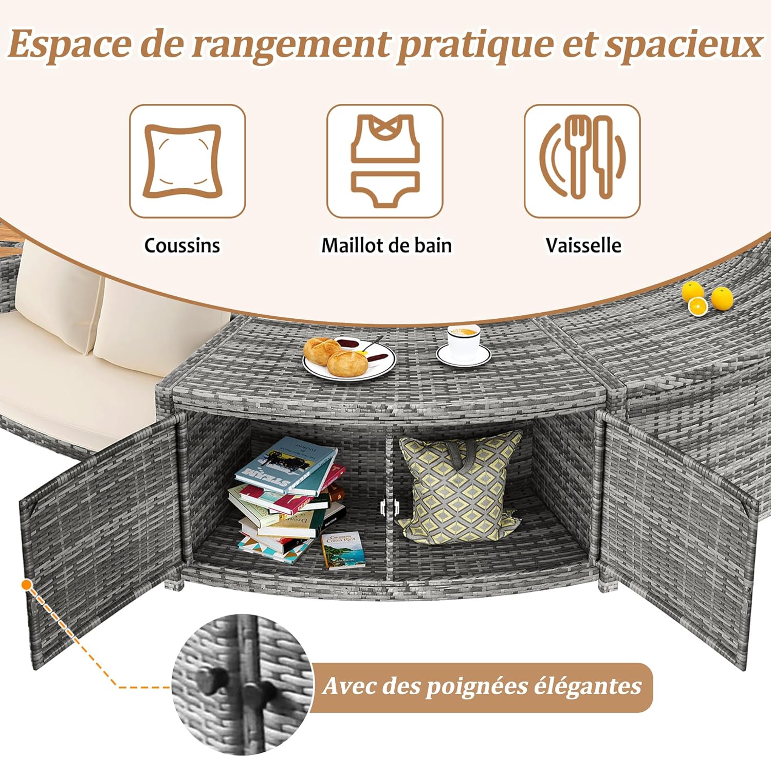 Soweiz Poolumrandung, Spa-Pool, Gartenmöbel-Set, PE-graues Rattan und Akazienholz, mit Stauraum, Lounge-Set, mit verstellbaren Füßen, inklusive Kissen, für Whirlpool und Pool