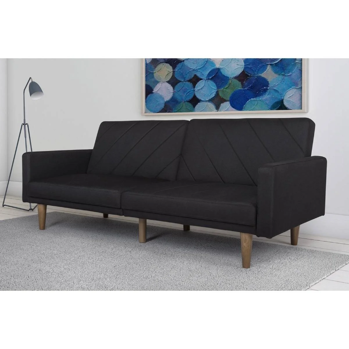 2025 Sofa Bed Gestoffeerd in Zwart Linnen in Mid-Century Moderne Stijl met Klassieke Houten Poten