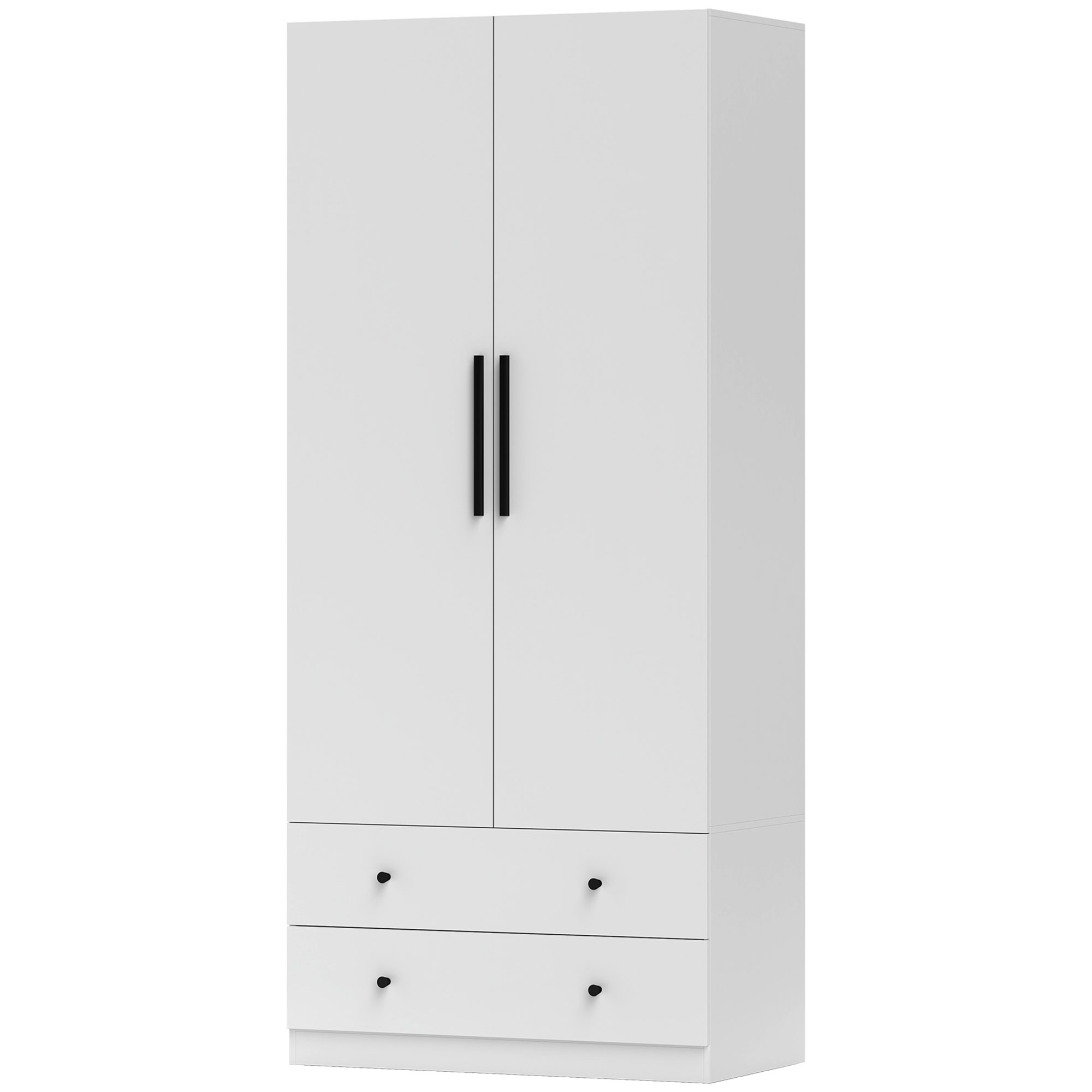 Garderobekast, 2-Deurs, Hangruimte, Kledingstang, 2 Laden, Spaanplaat, Wit