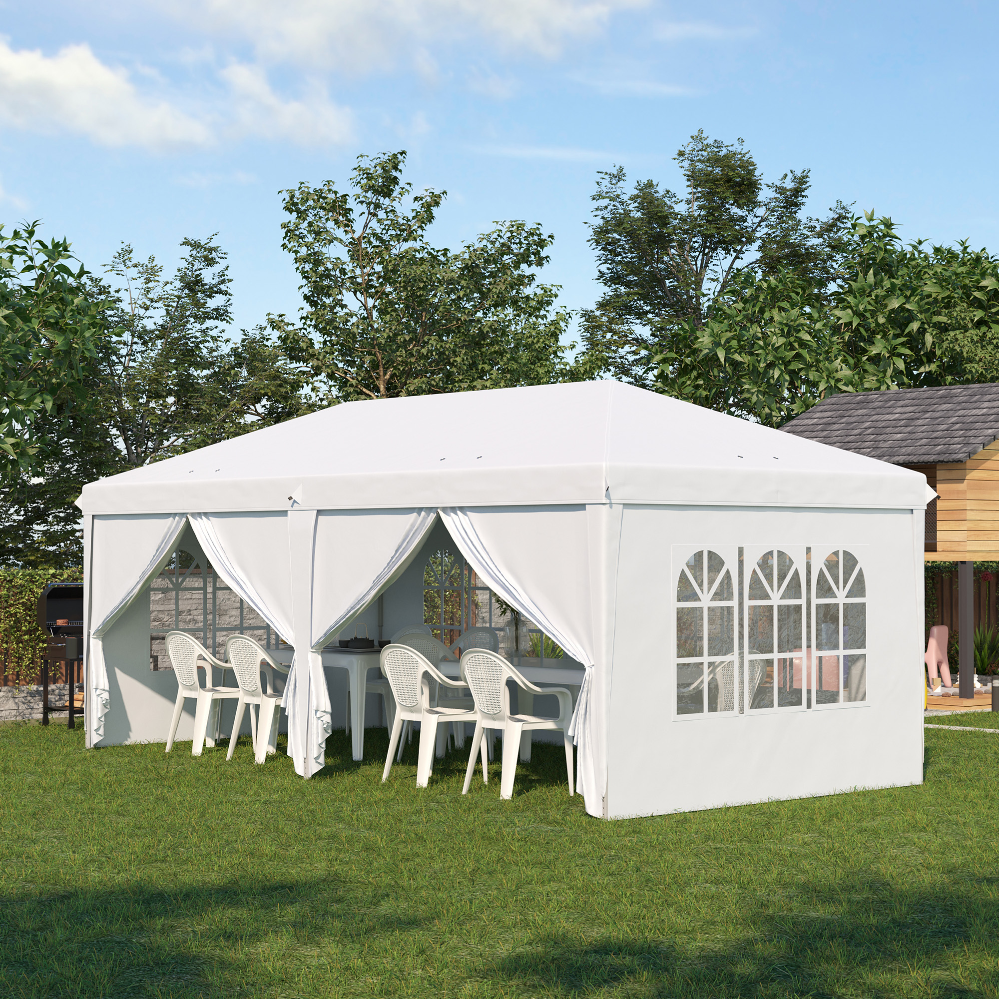 Outsunny Vouwtent van 6 x 3 m, verwijderbare zijwanden, grote ramen, deuren met ritssluiting, stalen frame, wit