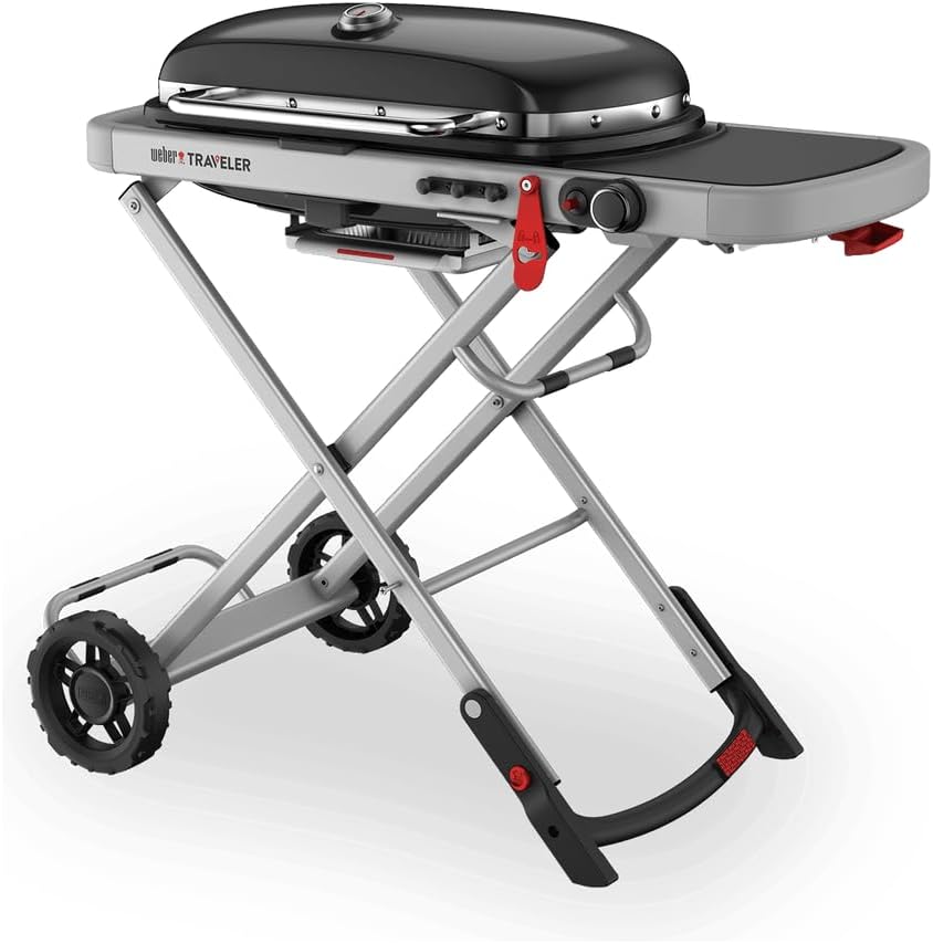 Weber Traveler Gasgrill/Klappbarer tragbarer Gasgrill mit Rädern, automatischer Deckelverriegelung und integriertem Thermometer, 1 Brenner, 111 cm Breite, 2065 cm² Grillfläche, schwarz