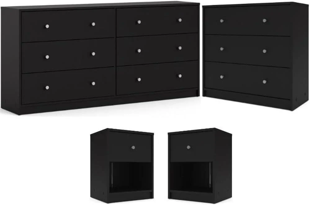 3-Pc Scandinavian Design Engineered Wood Bedroom Furniture Set with 3-Drawer Chest & 6-Drawer Double Dresser & 1-Drawer Nightstand, Pewter Plastic Handles, Smooth Plastic Glides, in Black