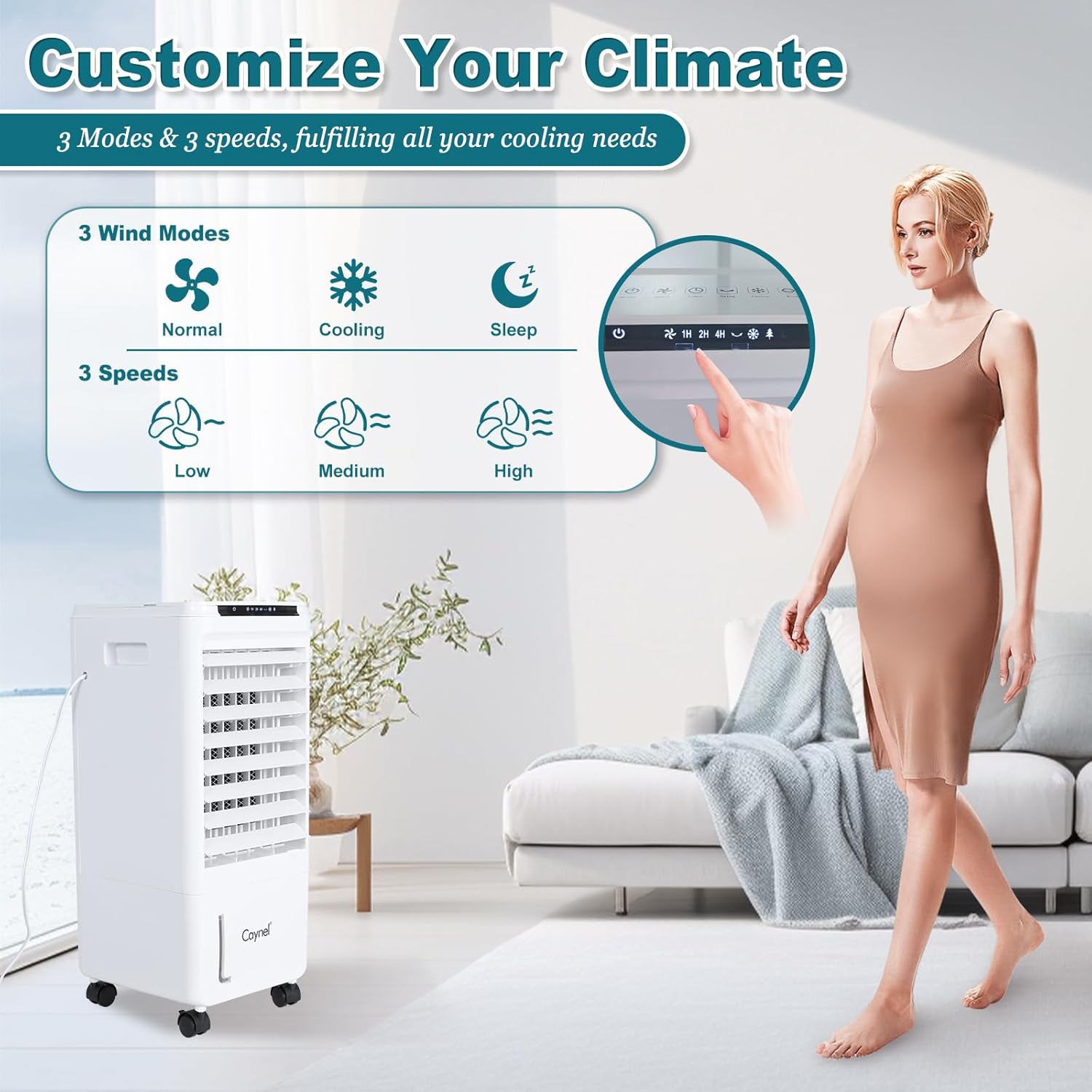 CAYNEL Tragbare Klimaanlagen, Verdunstungsluftkühler mit 7-Stunden-Timer für Auto-Off, 4 Modi und 3 Geschwindigkeiten, 4 Liter Tank-Fensterlose Klimaanlage, Sumpfkühler, Klimaanlage für Zimmer