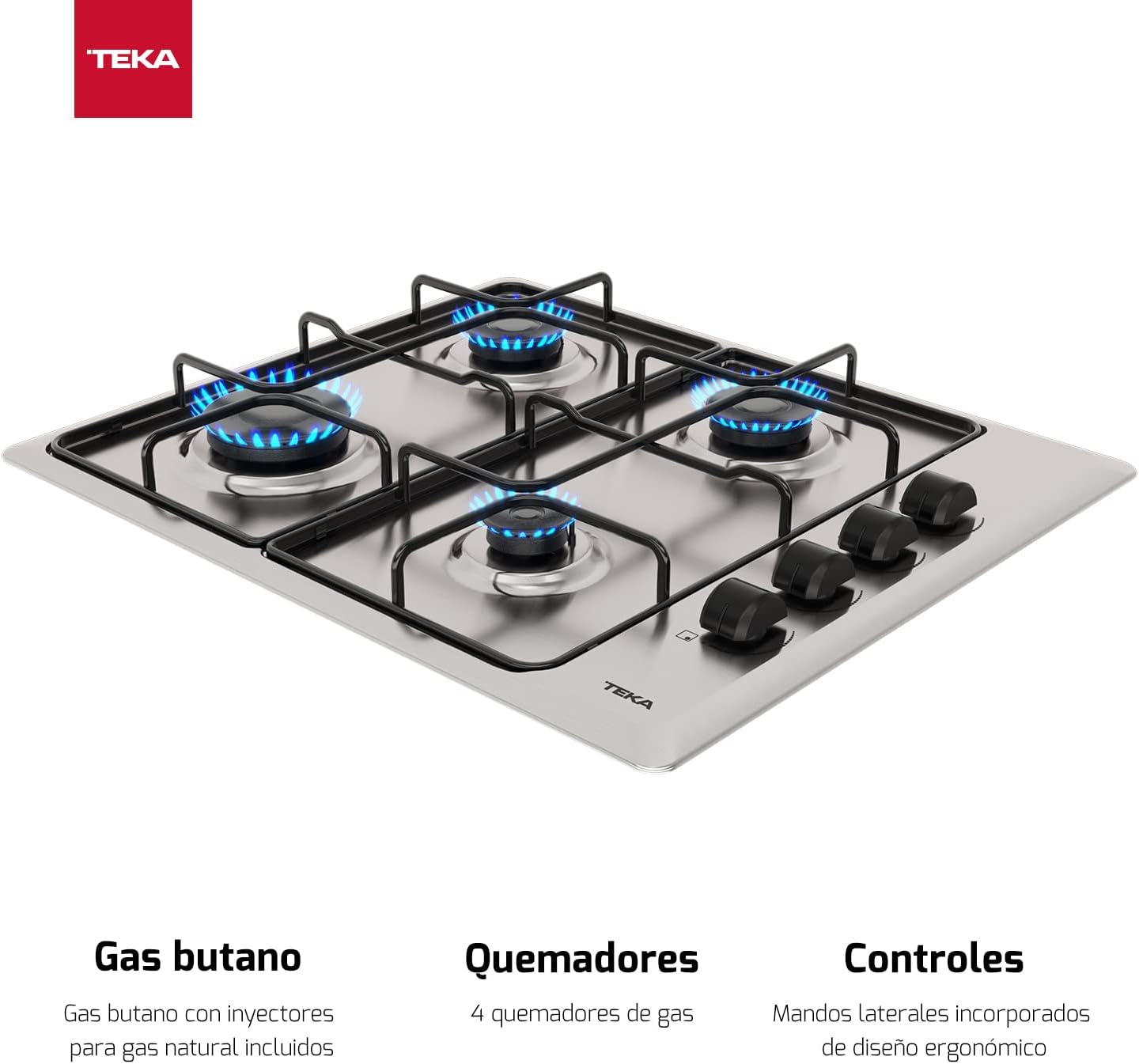 TEKA Placa de Gas Butano, 60 cm, 4 Fuegos, Mandos Ergonómicos, Seguridad Termopar, Parrillas Esmaltadas, HLX 640 KL