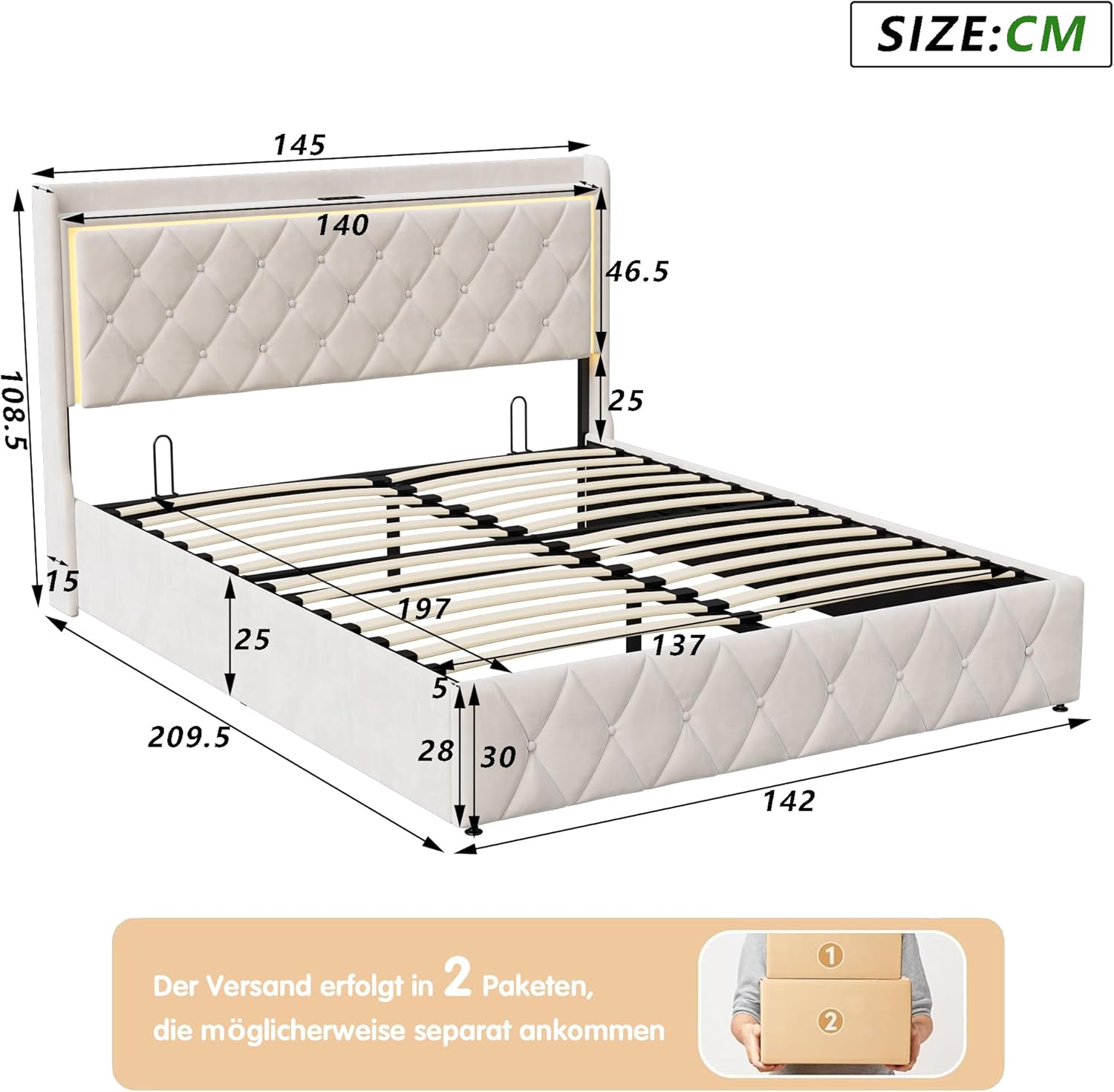 Bett 140x200 mit stauraum, Polsterbett mit LED-Kopfteil, Doppelbett mit USB und Lattenrost, Hydraulischem Stauraum und Metallrahmen, Jugendbett, Bettgestell, Boxspringbett, Samt Beige, Ohne Matratze