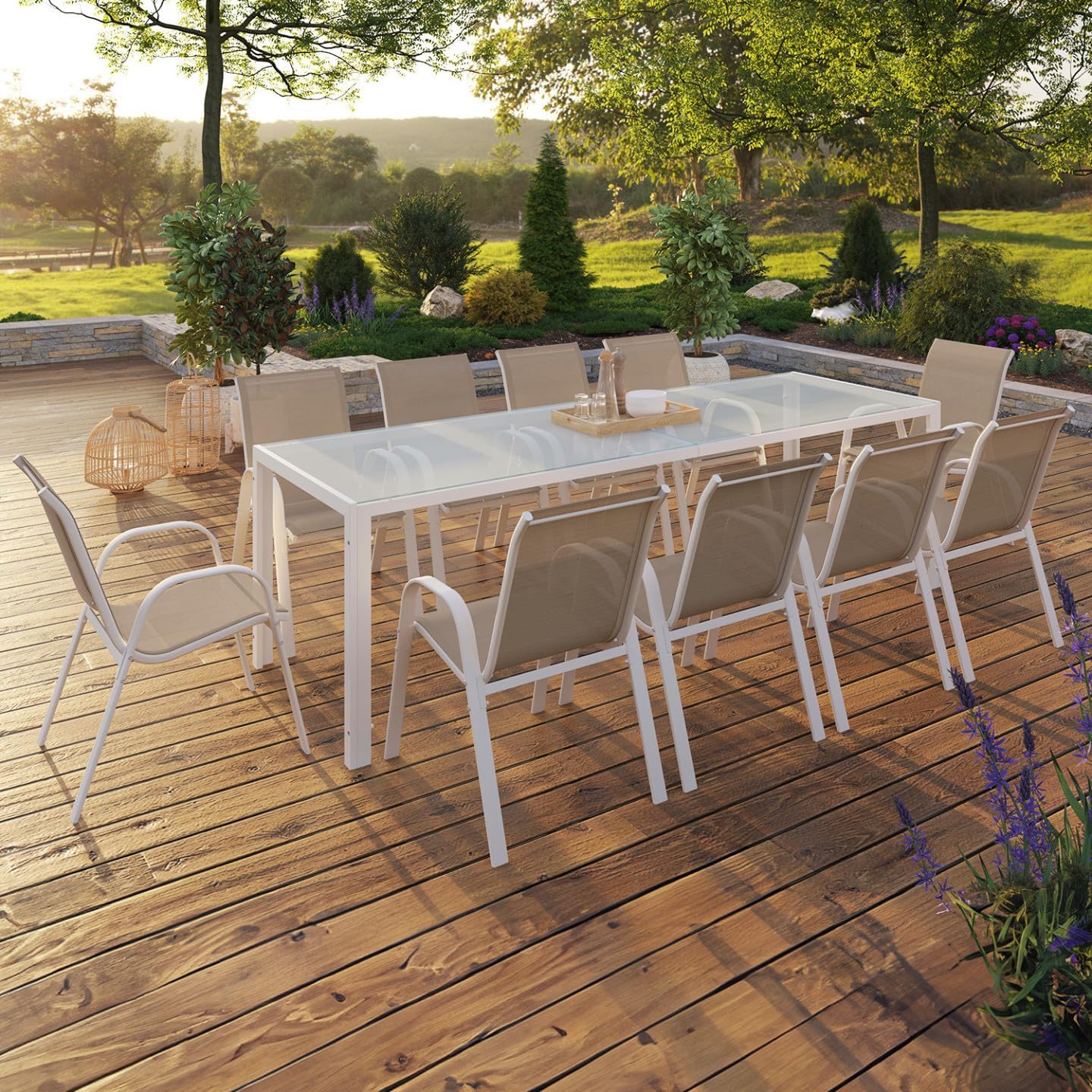IDMarket - Muebles de Jardín Madrid Mesa 240 CM y 10 sillas apilables Blanco y Beige