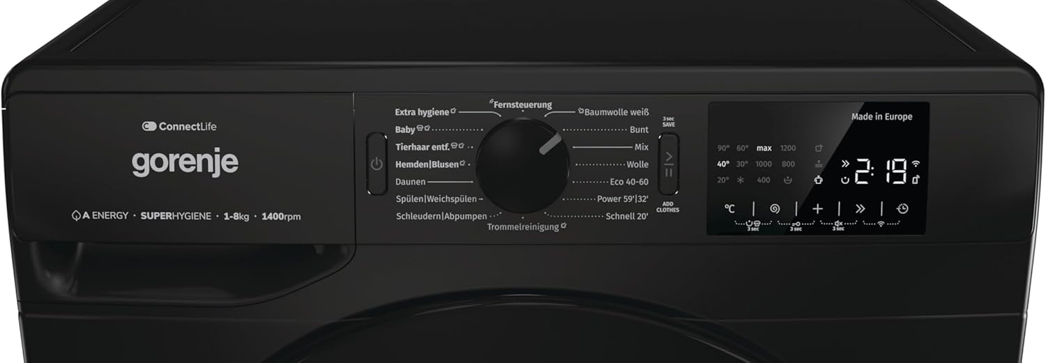 Gorenje WPNEI84A1DTSB Waschmaschine mit Dampffunktion/ConnectLife / 8Kg / 1400 U/min / 15 Programme/Totaler AquaStop/Wave Active Trommel/ExtraHygiene/PowerWash/Schnell Waschgang/EEK: A-10%