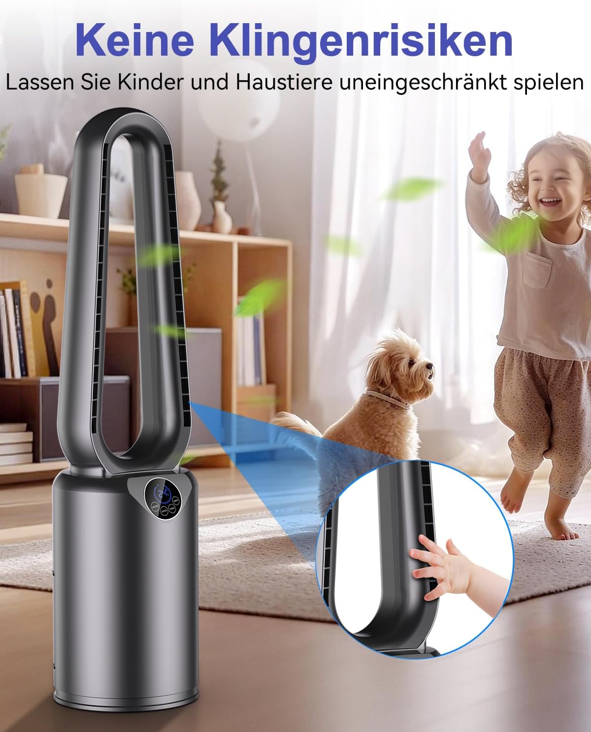 Turmventilator mit Luftreiniger & Fernbedienung | Sehr Leiser DC-Motor Ventilator | 90° oszillierende, 24 Geschwindigstufen, 3 Modi, LED-Display, 12h Timer, Standventilator für Luftzirkulation