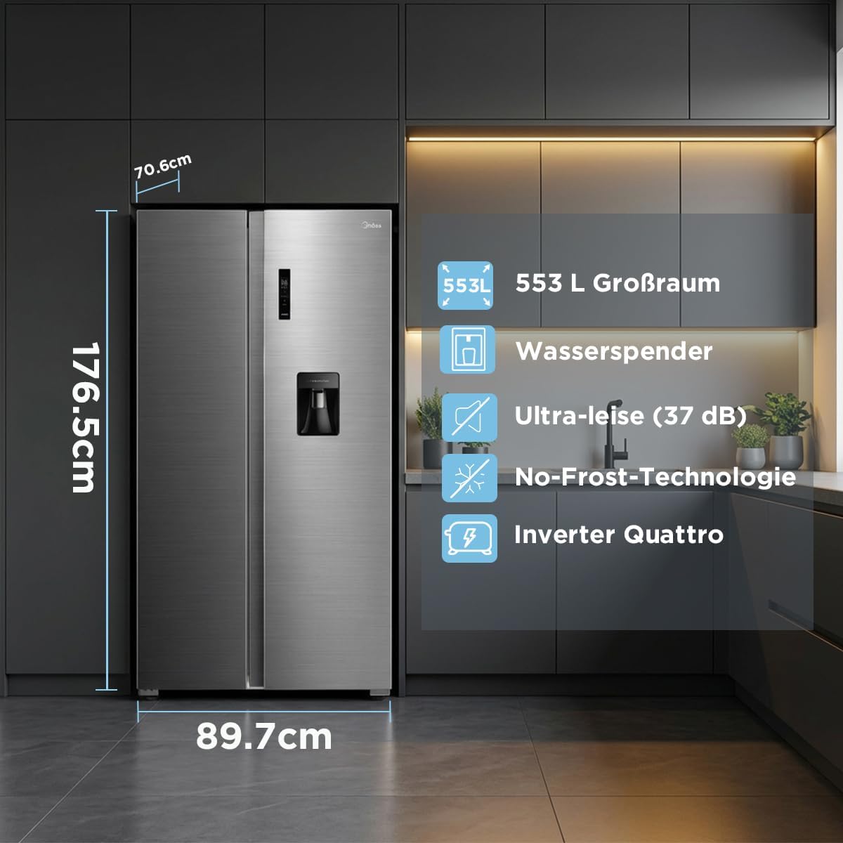 Midea Side by Side Kühlschrank MDRS710FGD46W, 553L XXL-Kapazität, Wasserspender, Inverter Kompressor, SuperCool & SuperFreeze, 360° Multi-Air Flow, No-Frost, 37dB Leise, Steel Gray