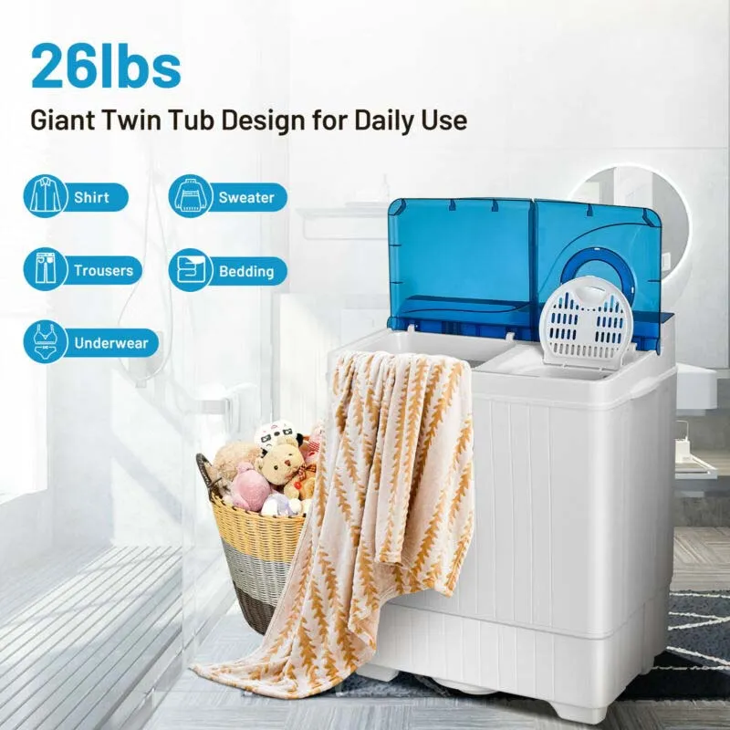 26 LBS Portable Washing Machine with Drain Pump 2in1 Twin Tub Top Load Washer Dryer Combo for RV Apartment