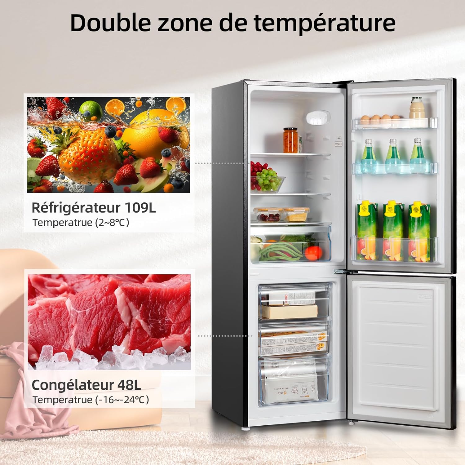 CHIQ CBM159LEBD Réfrigérateur congélateur bas157 litres (109 + 48) Low Frost, Faible bruit, Refroidissement rapide, Faible emcombrement