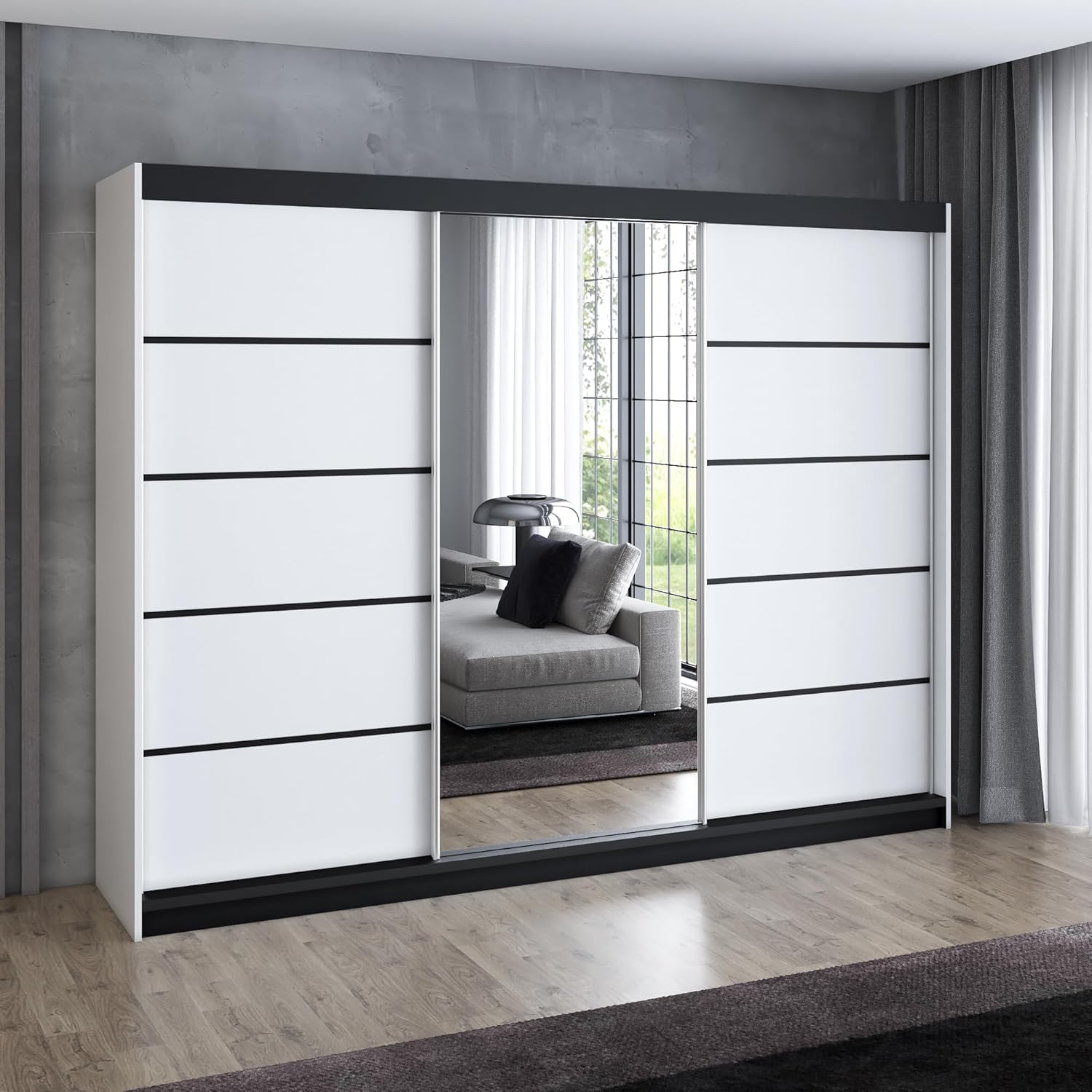 A&J MöbelLand Schwebetürenschrank VILUNO 4 Kleiderschrank 3-türig 200 cm mit Spiegel, 4 Schubladen & 2 Kleiderstangen, Geräumiger Schlafzimmerschrank (Weiß)