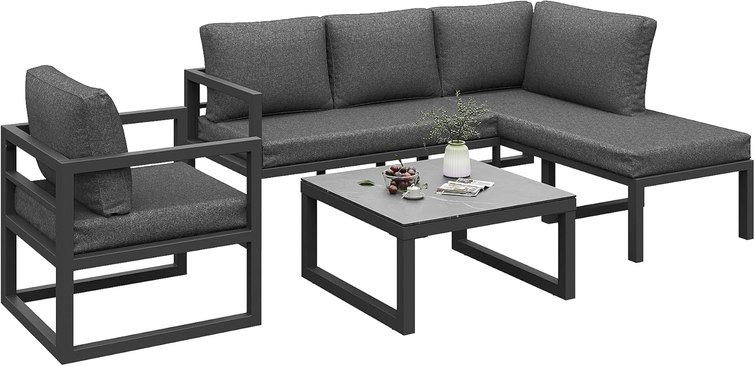 Kayan Gartenlounge Set für 4-5 Personen, Lounge Gartenmöbel Set mit Ecksofa, Sessel und Couchtisch, Balkonmöbel Wetterfest mit verzinktem Eisengestell und Kissen, verstellbare Füße, Grau