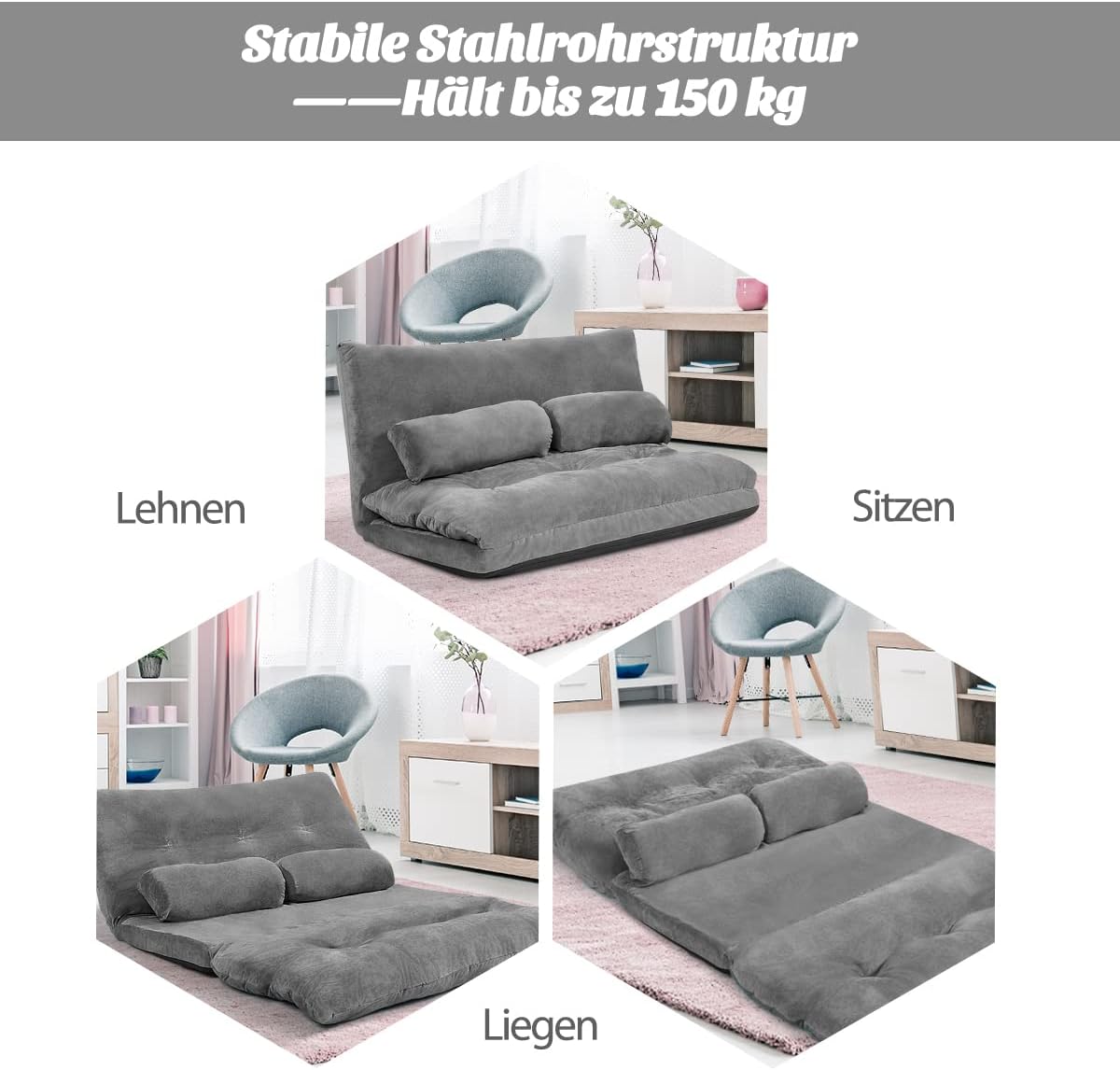 COSTWAY Klappbares Bodensofa, 3 in 1 Schlafsofa mit Schlaffunktion und Verstellbarer Rückenlehne, Sofabett mit 2 Lendenkissen, Klappsofa für Wohnzimmer & Schlafzimmer (Grau)
