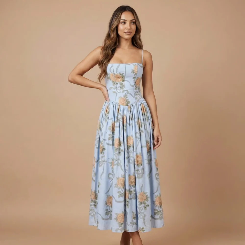 Damen Midi-Kleid mit Blumenmuster und geradem Ausschnitt f��r Hochzeitsg?ste