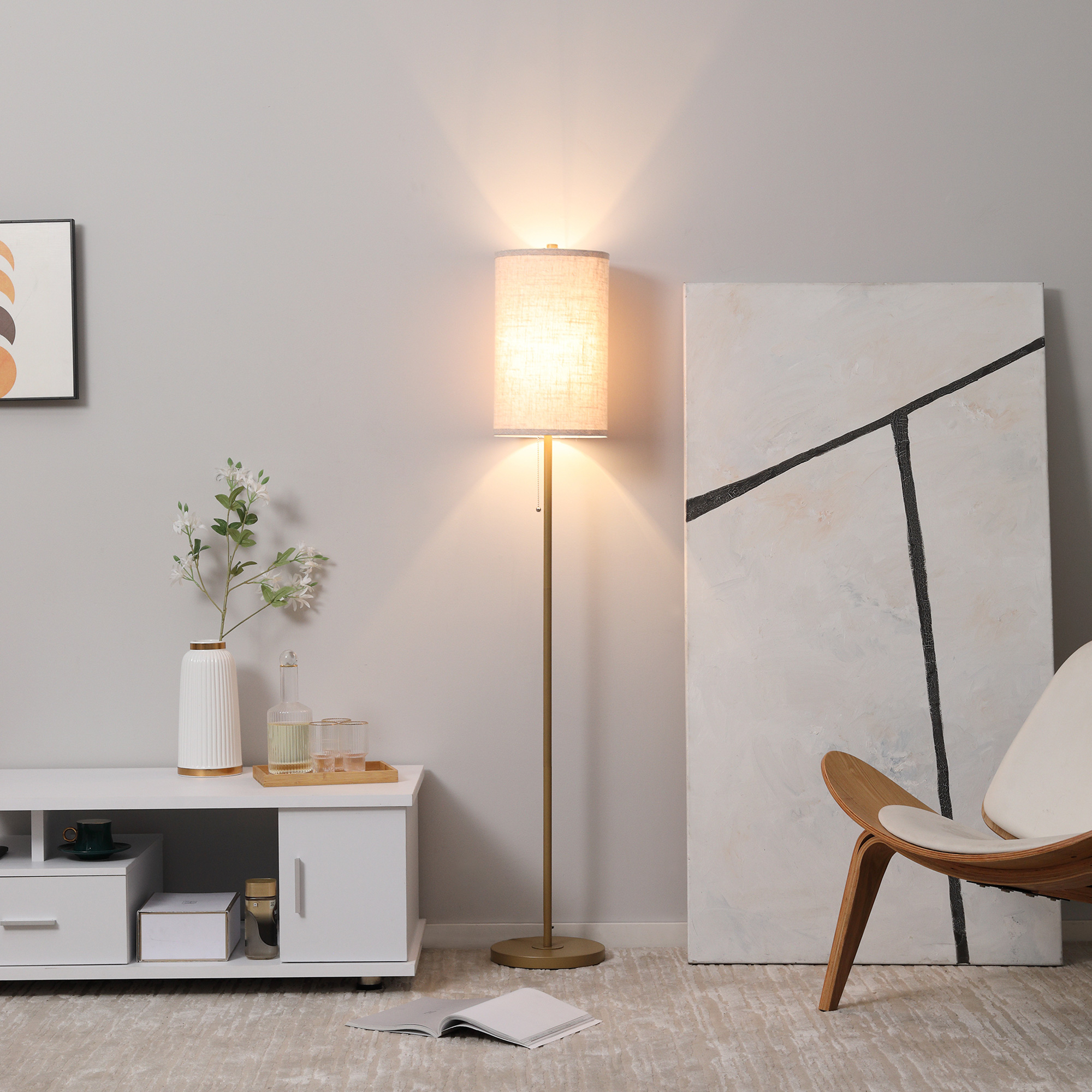 Staande Lamp, Elegante Staande Lamp van Staal met Stoffen Kap, Woonkamerlamp, Trekschakelaar, Goud+Wit
