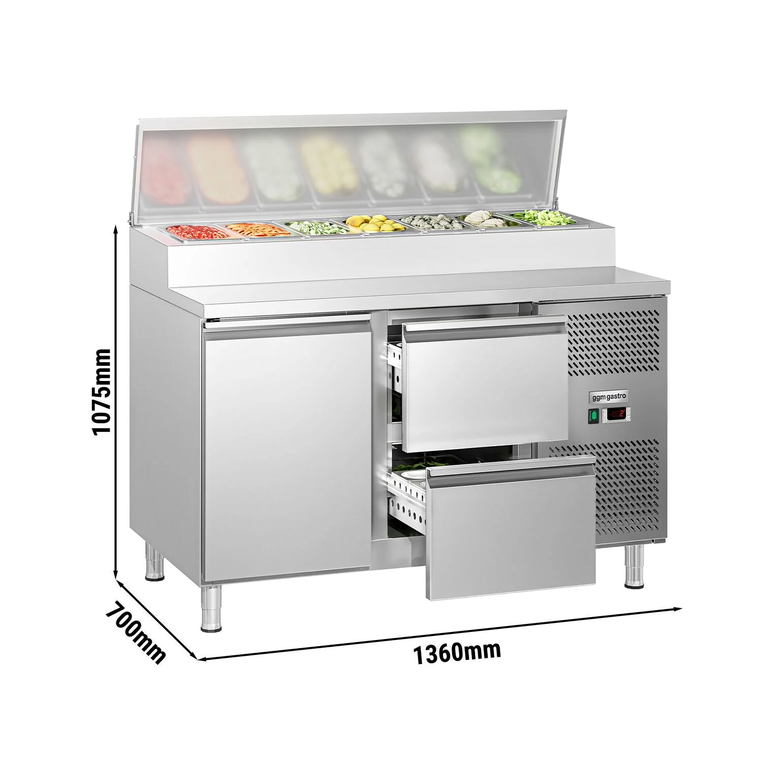 Saladette ECO - 1360x700 mm - 1 dør og 2 skuffer - med lokk - for 7x GN 1/3 beholdere