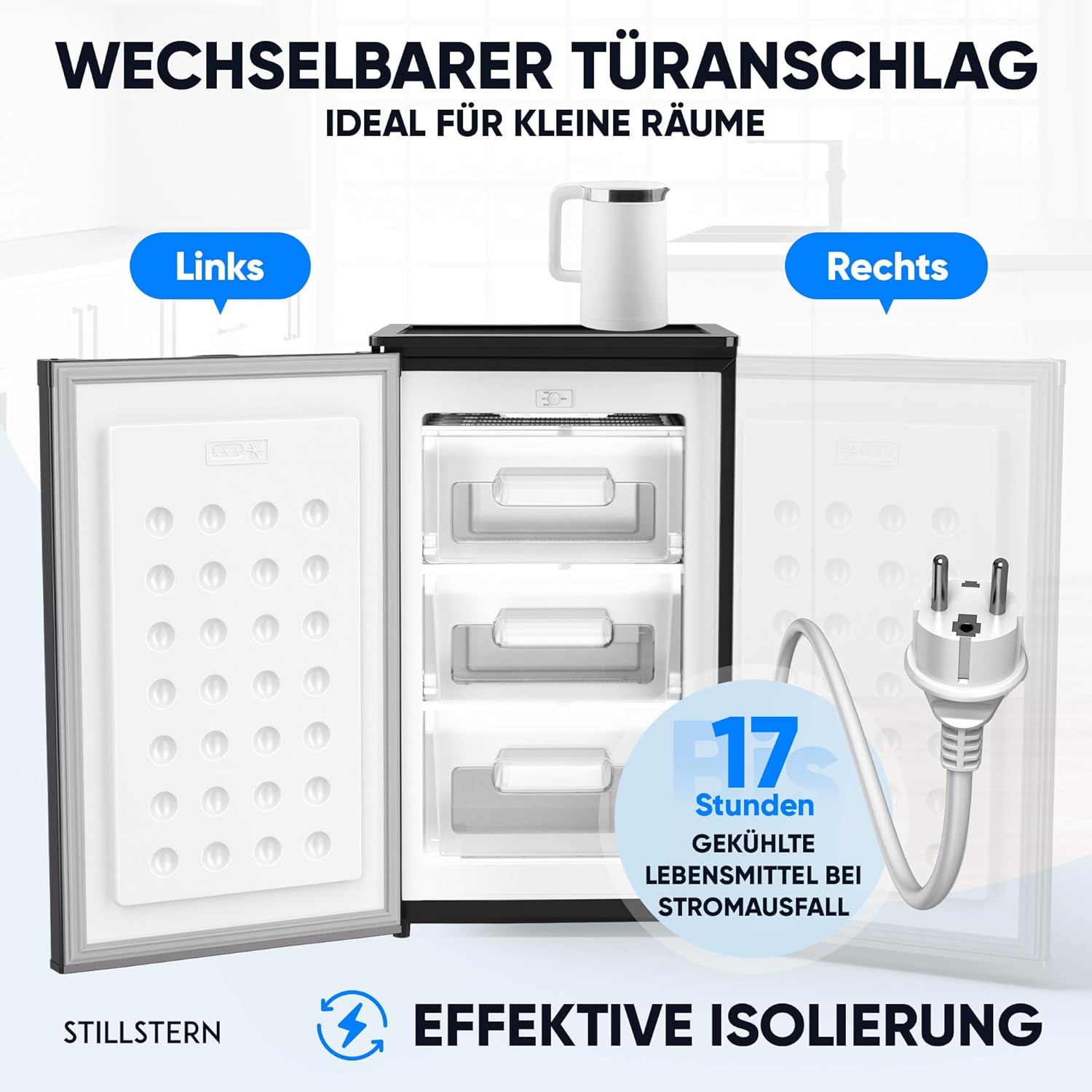 Stillstern Gefrierschrank C (73L) 4-Sterne-Gefrierfach -18°C ger. Energiever. Mini Freezer mit 3 Fächer, stufenlos reg. Temp., kleine Tiefkühltruhe, Türanschlag r./l. Tiefkühlschrank Klein Schwarz
