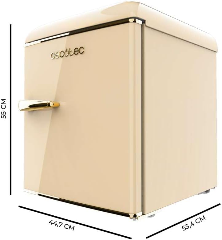 Cecotec Mini Frigo Bolero CoolMarket TT Origin 45 Beige E. Réfrigérateur Hauteur 55cm et Largeur 44,7cm, Classe Énergétique E, Bac à Glace et Poignée Chromée, Beige