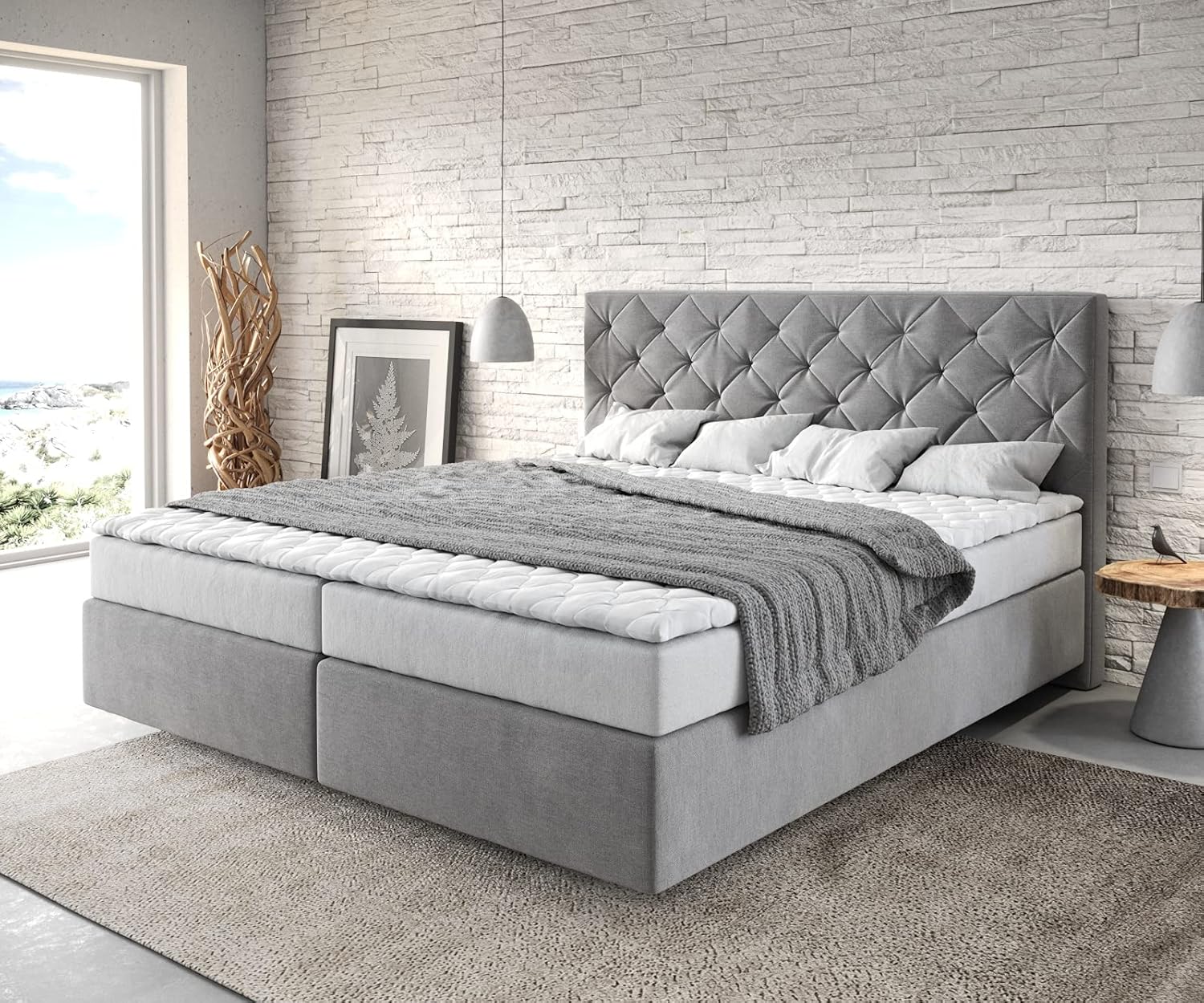 DELIFE Boxspringbett Dream-Great Mikrofaser Grau 180x200 cm mit Matratze und Topper