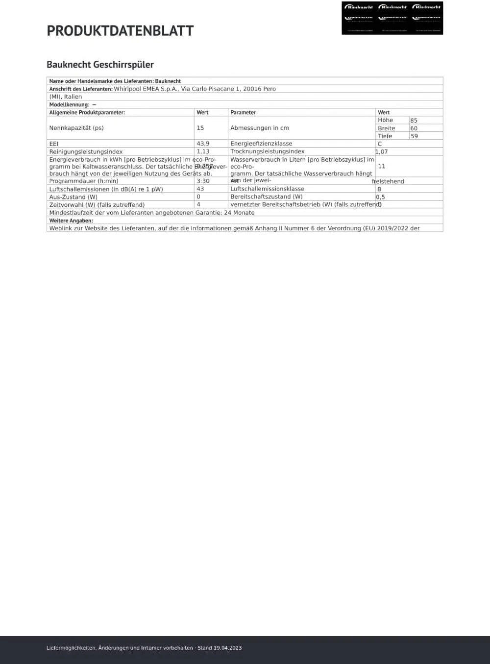 Bauknecht B7F HP43 XA Vrijstaande vaatwasser/ 60 cm/ 15 couverts/ PowerClean Pro-Effectieve hogedruksproeiers/ Natural Dry-Automatische deuropening-Betere droging/ Maxi Space-Meer binnenruimte