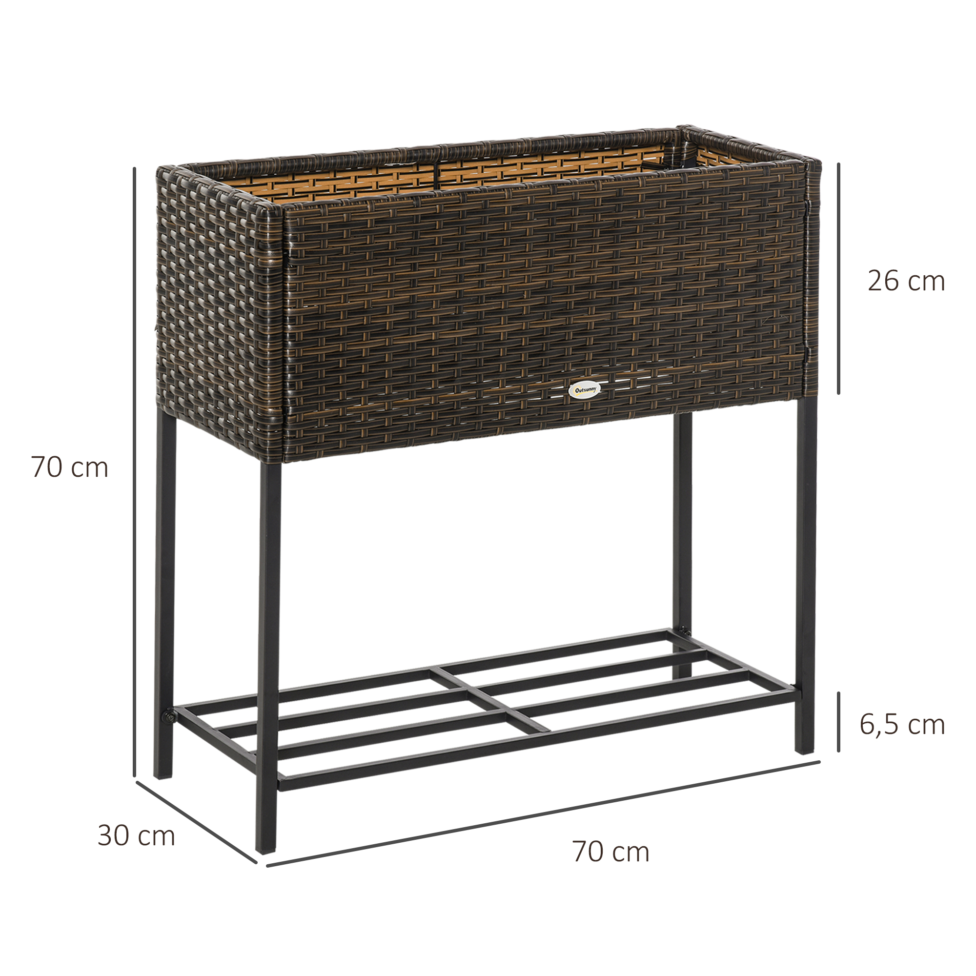 Outsunny Poly rotan bloembak met verhoogd bed en poten Bloempot met plank bruin 70 x 30 x 72 cm