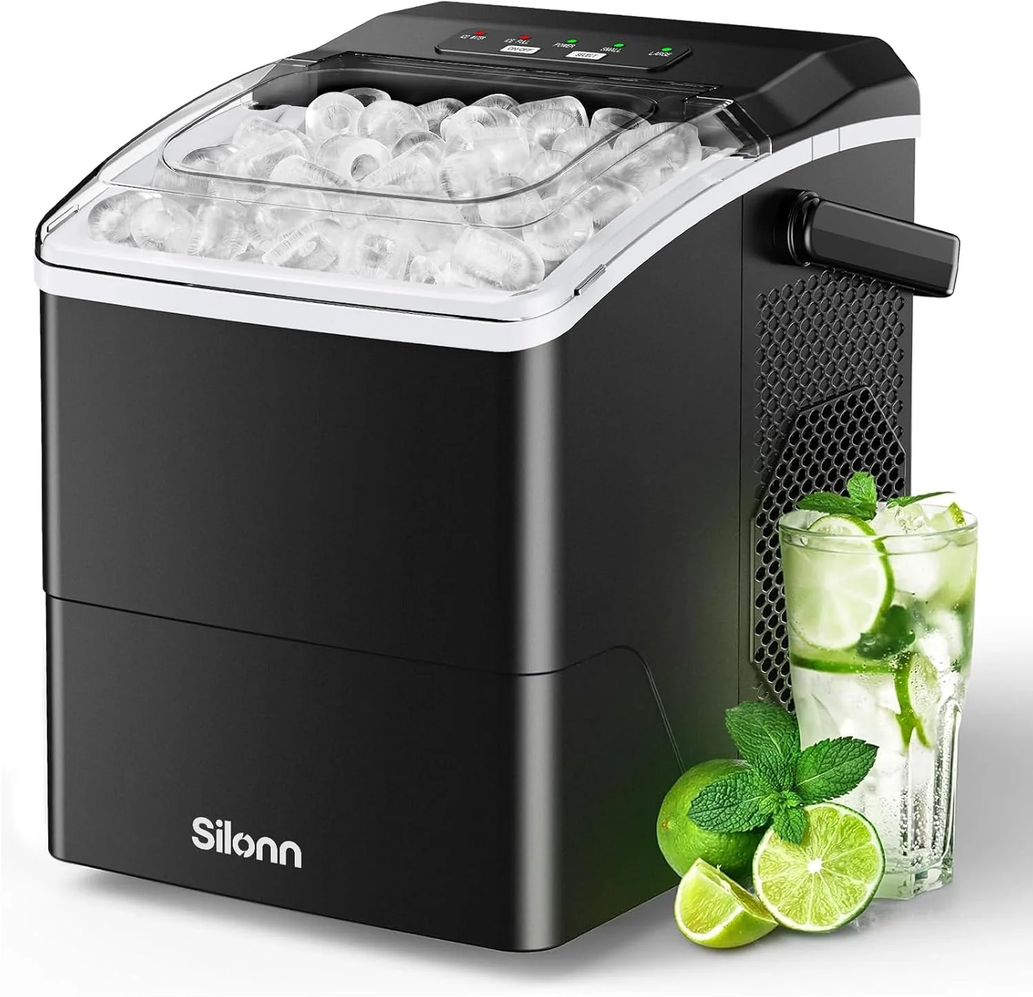 Silonn Countertop Ice Maker. 9 Cubes Ready in 6 Mins. 26lbs in 24Hrs. Portable Ice Machine with Self-Cleaning. 2 Sizes of Bullet Ice for Home/Kitchen/Party/RV. Black