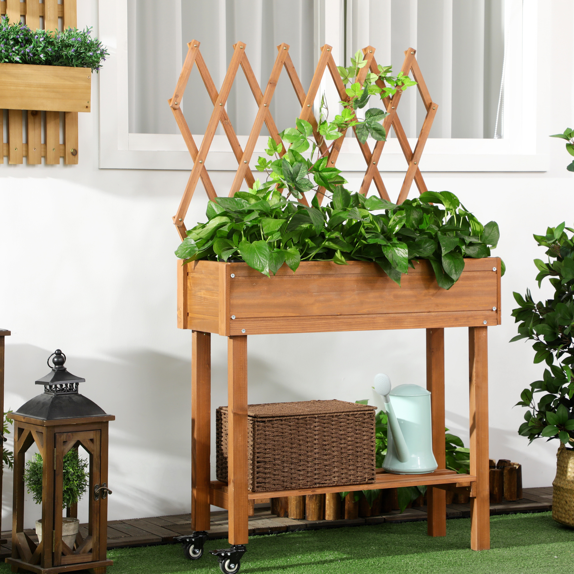 Outsunny Buitenzonnig verhoogd bed met traliewerk bloembak met plank, wielen voor balkonhout