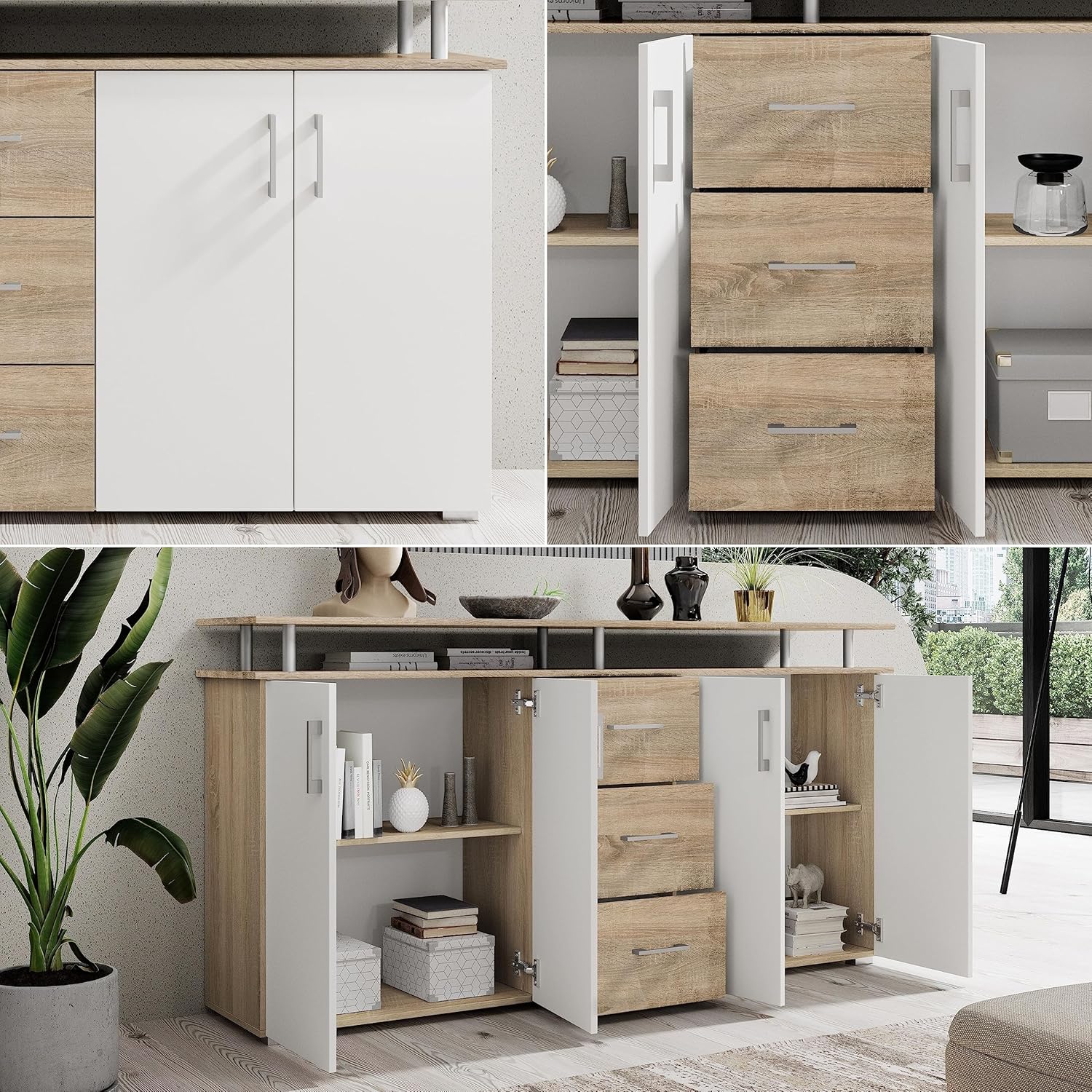 Stella Trading Highboard mit Ablage in Eiche Sonoma Optik, Weiß - Moderner Wohnzimmerschrank mit Schubladen und viel Stauraum für Ihren Wohnbereich - 178 x 90 x 38 cm (B/H/T)