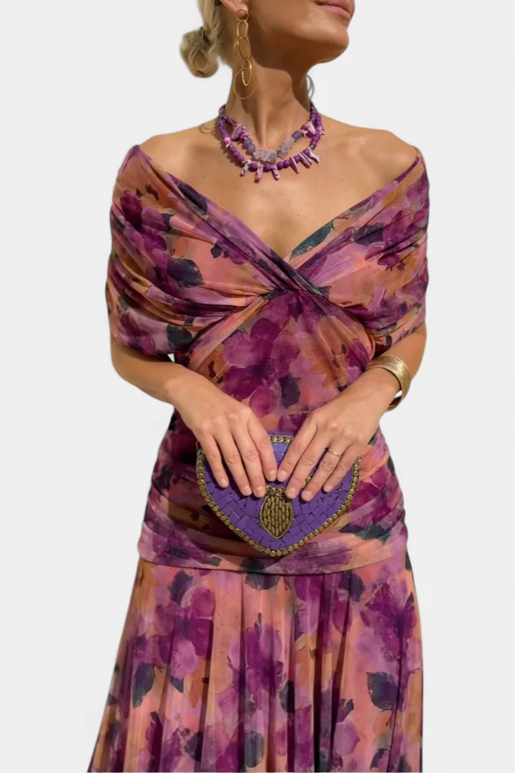 Schulterfreies gerafftes Maxikleid f��r Hochzeitsg?ste