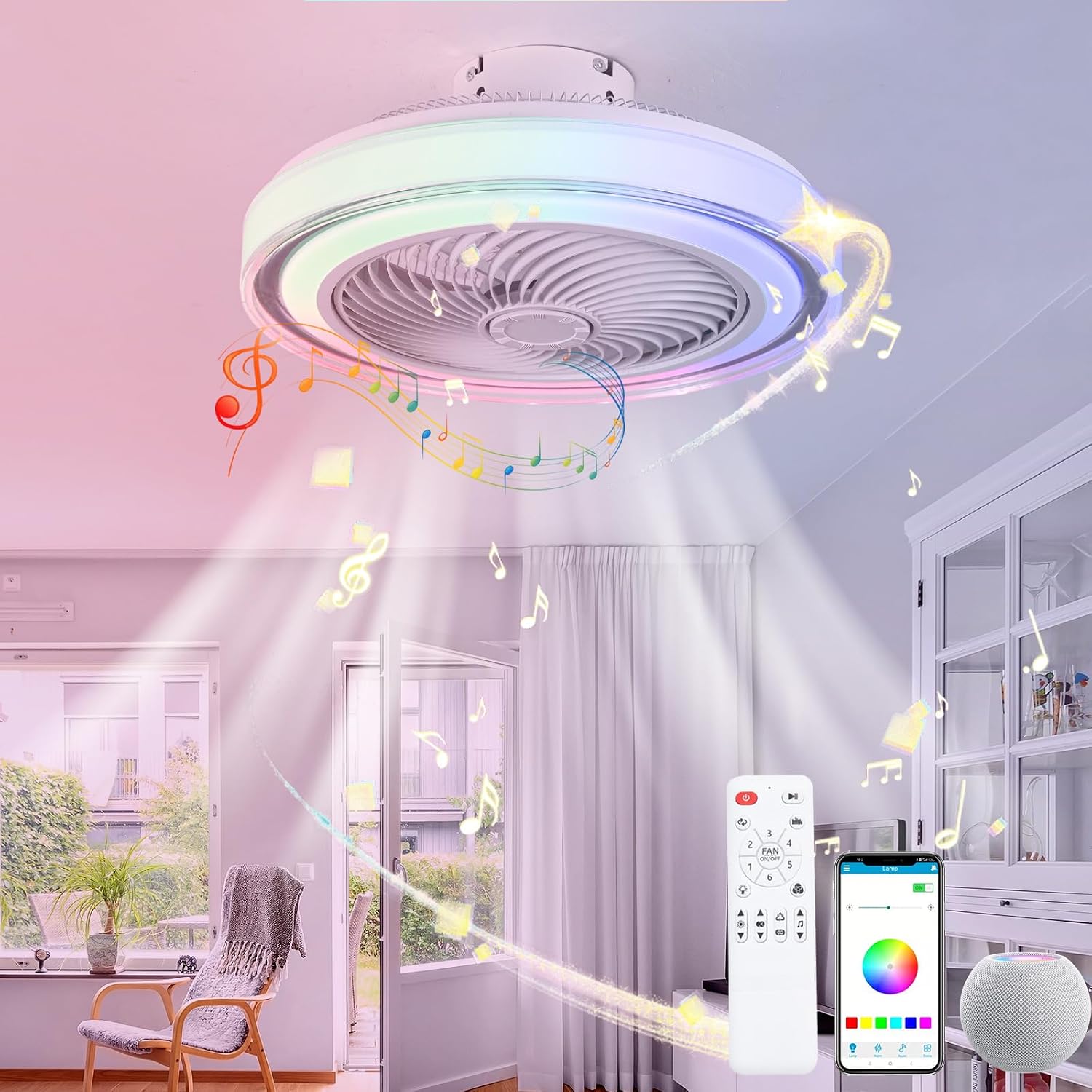 LED RGB Modern Fan Lampe Mit Ventilator Und Alexa 6 Windgeschwindigkeiten Bluetooth-Musiklautsprecher Deckenventilator Mit Beleuchtung Und Fernbedienung Für Wohnzimmer Und Kinderzimmer