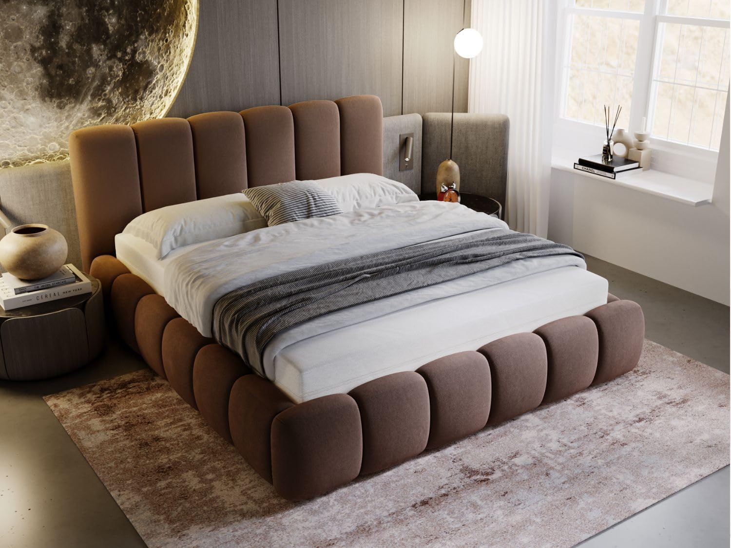 GRAINGOLD Cloud Bett 140x200, Polsterbett mit Bettkasten, Polsterbett mit Stauraum, Samt, mit Lattenrost, mit Kopfteil, ohne Matratze (Braun, 140x200)