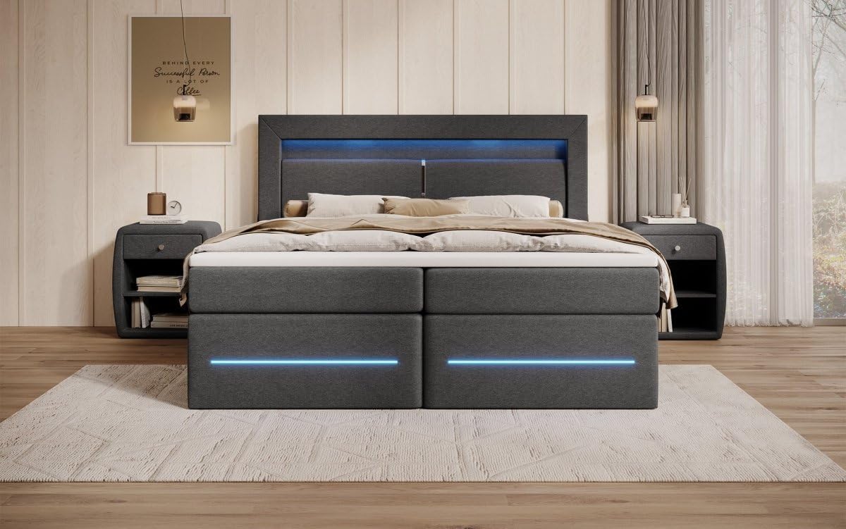 Boxspringbett Nera 180x200 Doppelbett Polsterbett Bett mit LED, USB und Stauraum | Bezug: Stoff | Farbe: Grau | Härtegrad: H4 (100kg+)
