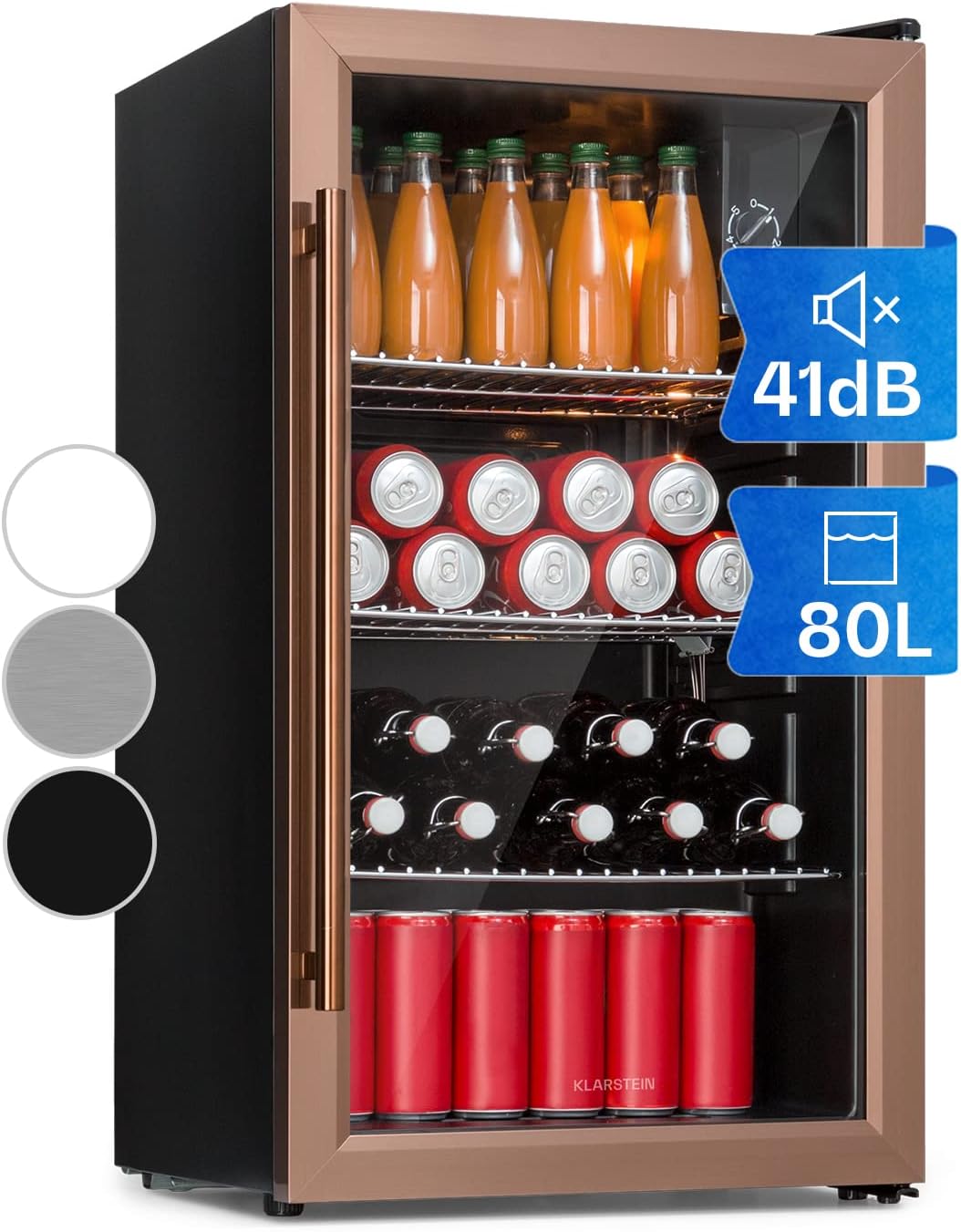 Klarstein Mini Koelkast met Glazen Deur voor Kamer, Drankenkoelkast met Verstelbare Planken, Klein 80 Liter, Indoor/Outdoor Koelkast Stil