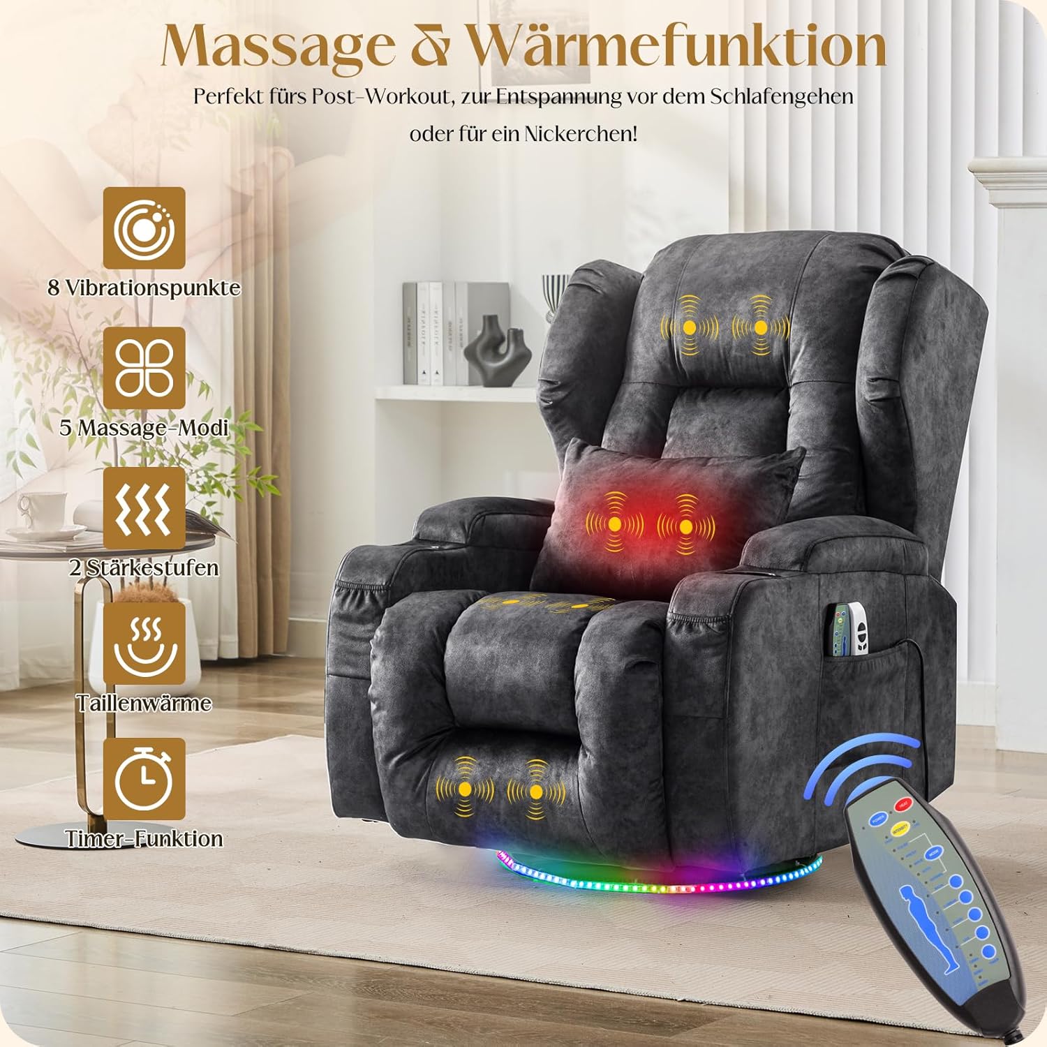 Elektrischer Fernsehsessel Relaxsessel mit Liegefunktion,240°Drehsessel Kinosessel Massagesessel mit Wärmefunktion,TV Sessel Liegesessel fürs Wohnzimmer bis 150kg (Samtstoff, Grau)