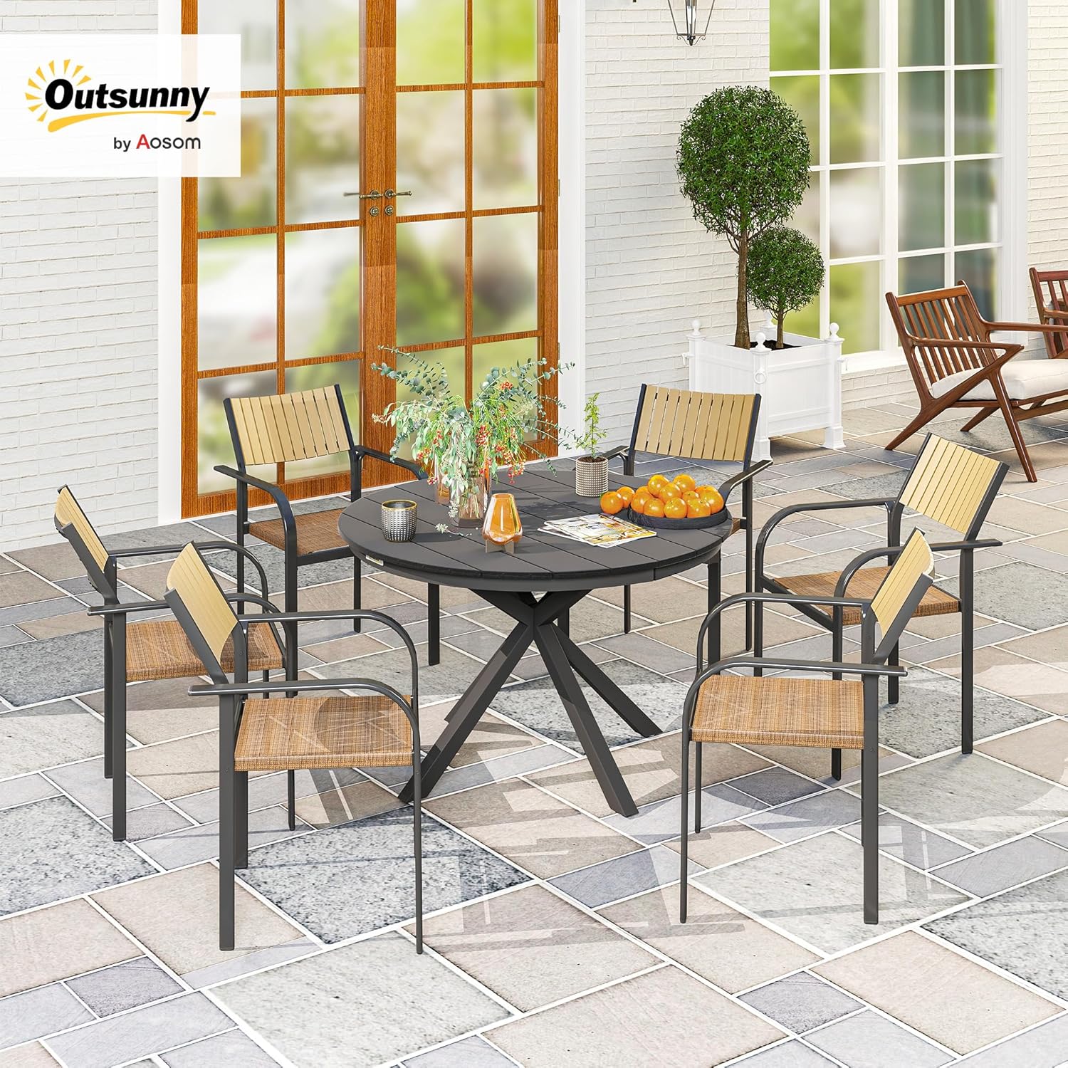 Outsunny Gartentisch Ø118cm, Wetterfest Balkontisch aus Aluminium, Beistelltisch mit Kreuzbeine Lattendesign Esstisch Outdoor, Campingtisch, rund Terrassentisch für Garten Balkon Schwarz