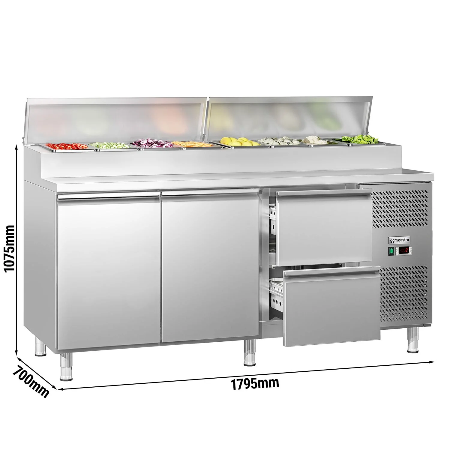 Saladette ECO - 1795x700 mm - 2 dører og 2 skuffer - med lokk - for 8x GN 1/3 beholdere