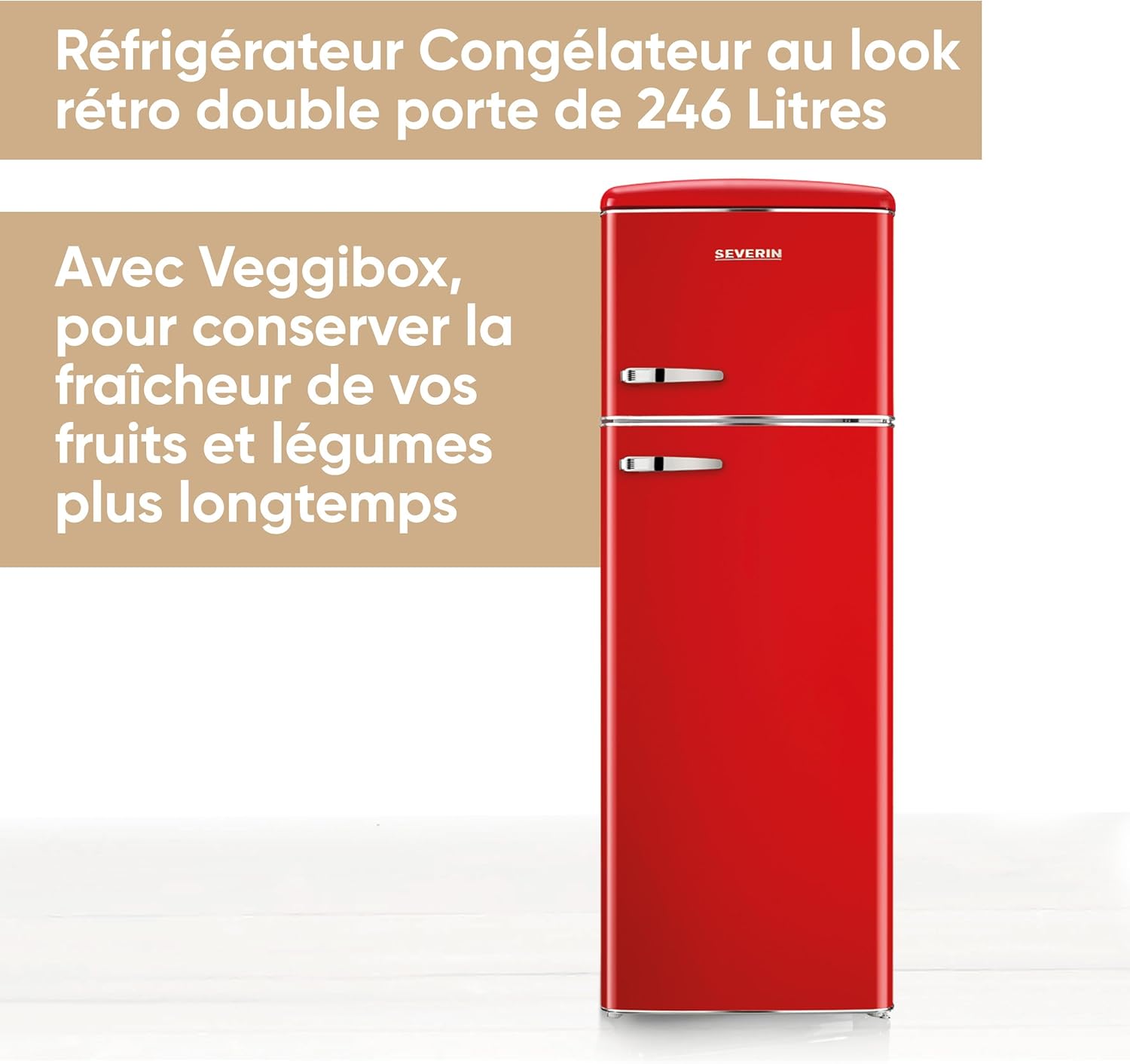 SEVERIN Réfrigérateur Congélateur 2 portes, Pose libre, Réfrigérateur Double Porte avec Congélateur Largeur 55 cm, 246 L, Classe D, Look Rétro, Rouge, RKG 8983