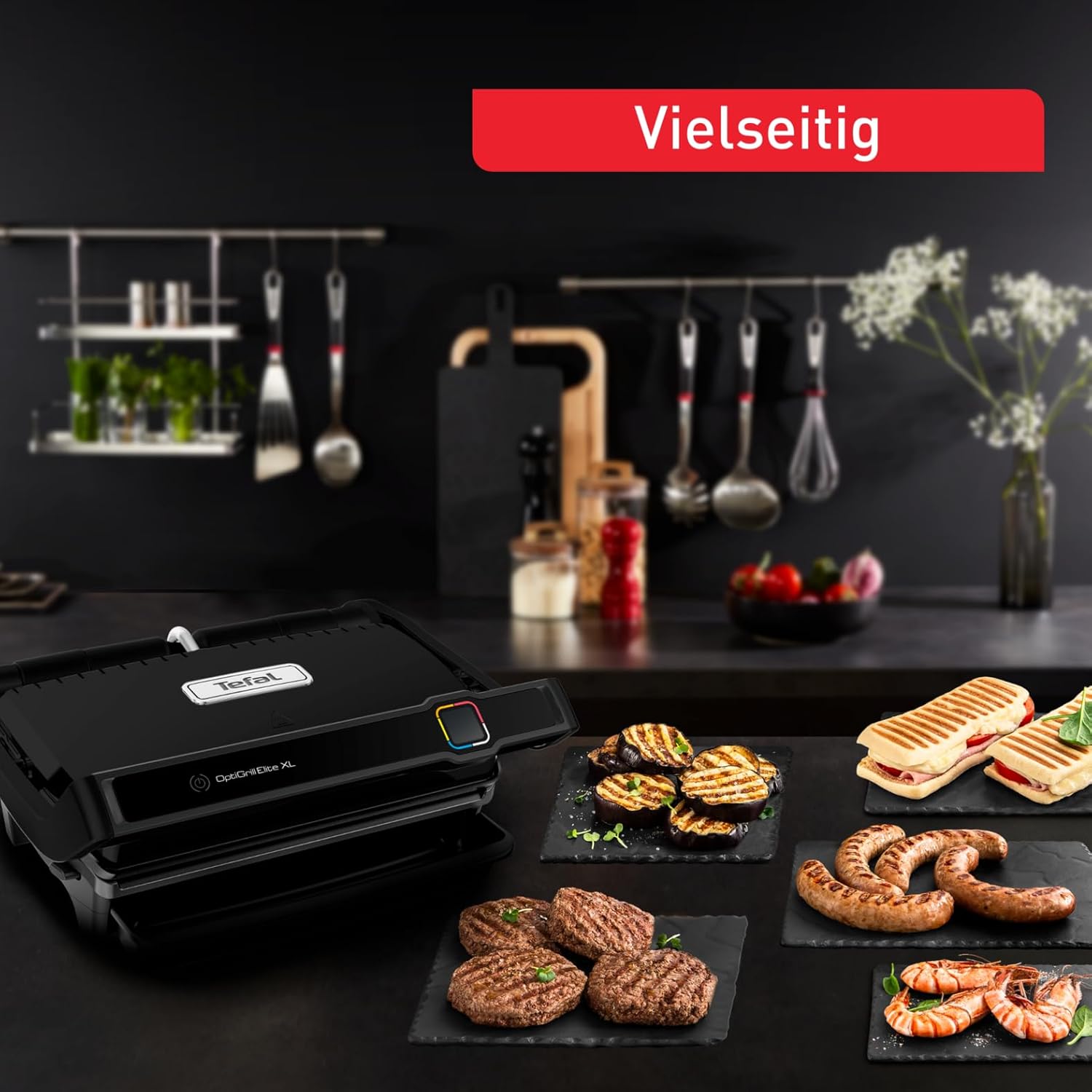 Tefal OptiGrill Elite XL Kontaktgrill, automatische Garzeitanpassung, perfekte Ergebnisse, 16 Programme, digitales Display mit Garstufenanzeige, abnehmbare XL-Platten, Elektrogrill, schwarz, GC760812